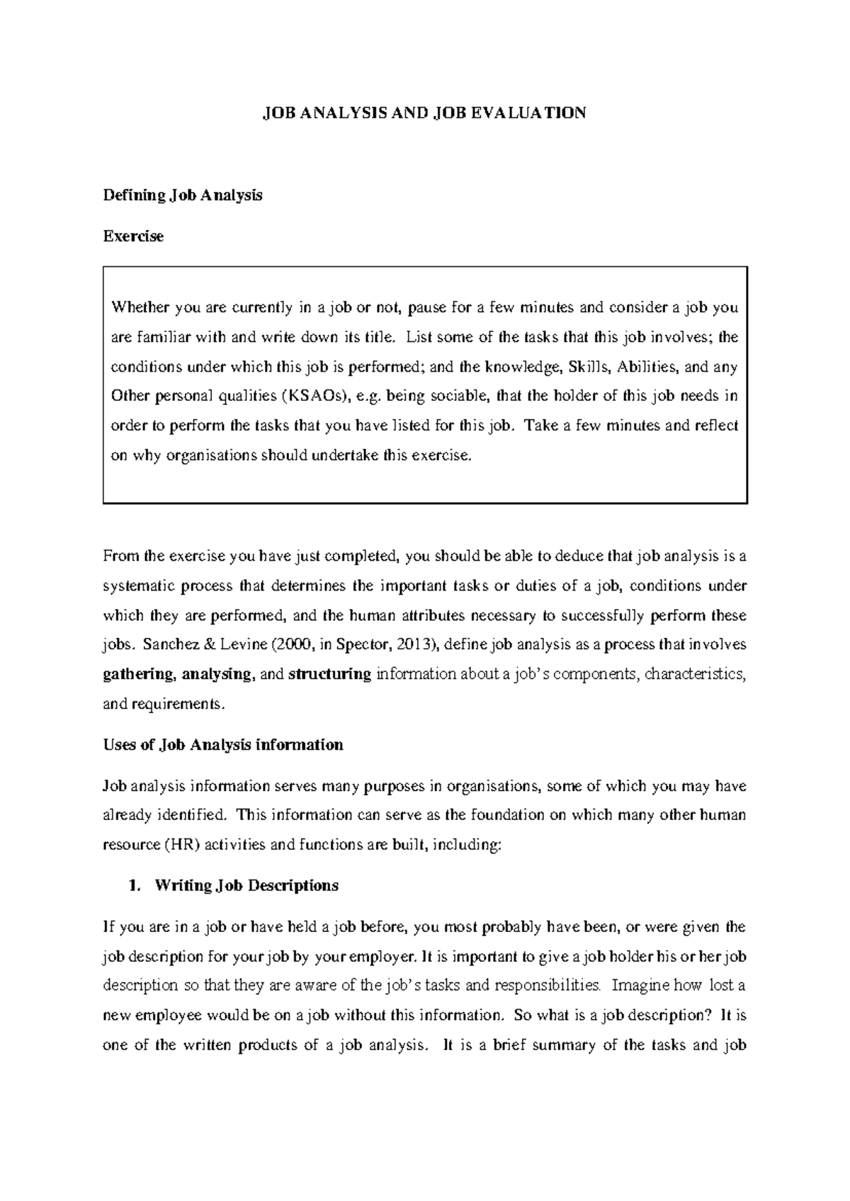 Comprehensive Study on Job Analysis and Job Evaluation Techniques - Studocu