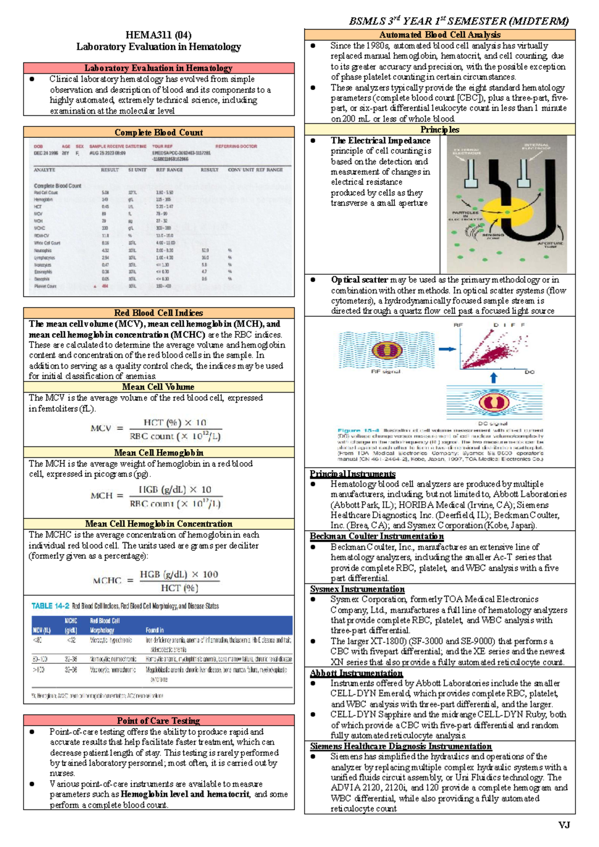 HEMA311 (04) Midterm Notes on Laboratory Evaluation in Hematology - Studocu