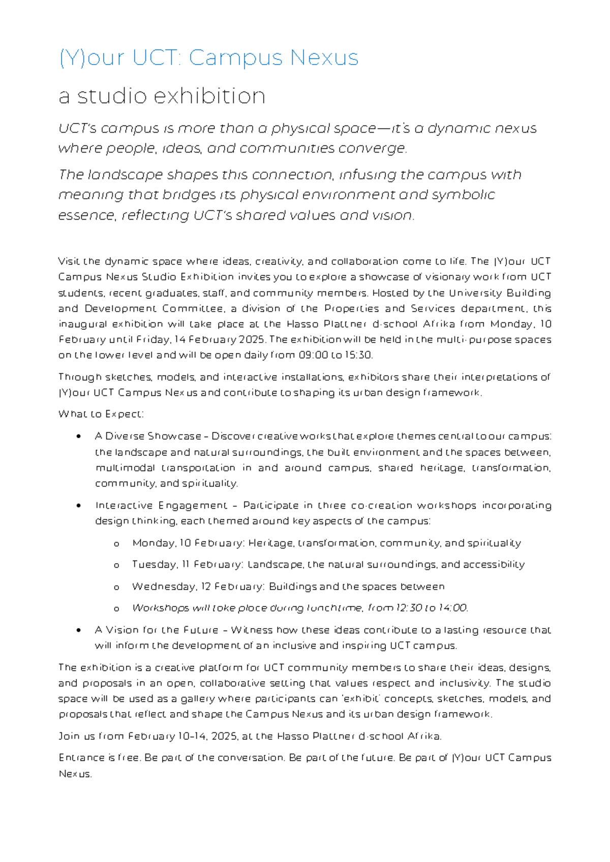 (Y)our UCT Campus Nexus Studio Exhibition Info (Feb 10-14, 2025) - Studocu