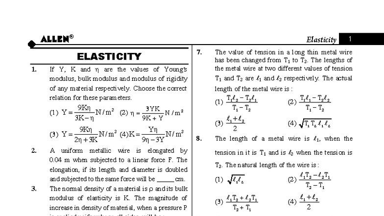 Elasticity - Practice Questions and Solutions (Course Code: ELASTICITY ...