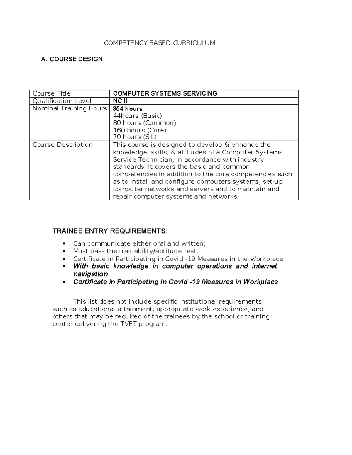 Course Design for Computer Systems Servicing NC II: Curriculum Outline ...