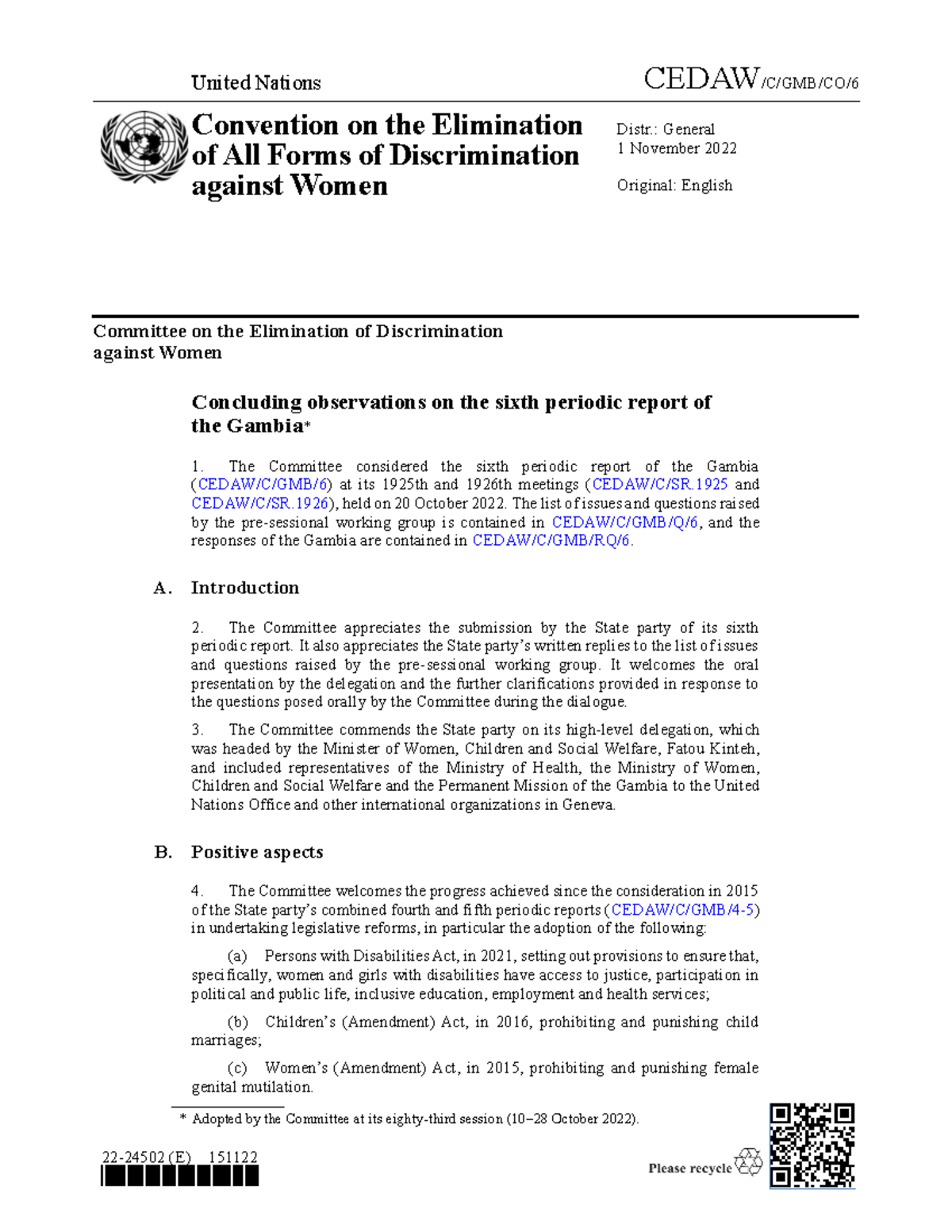 UN CEDAW Concluding Observations on Gambia's 6th Periodic Report - Studocu