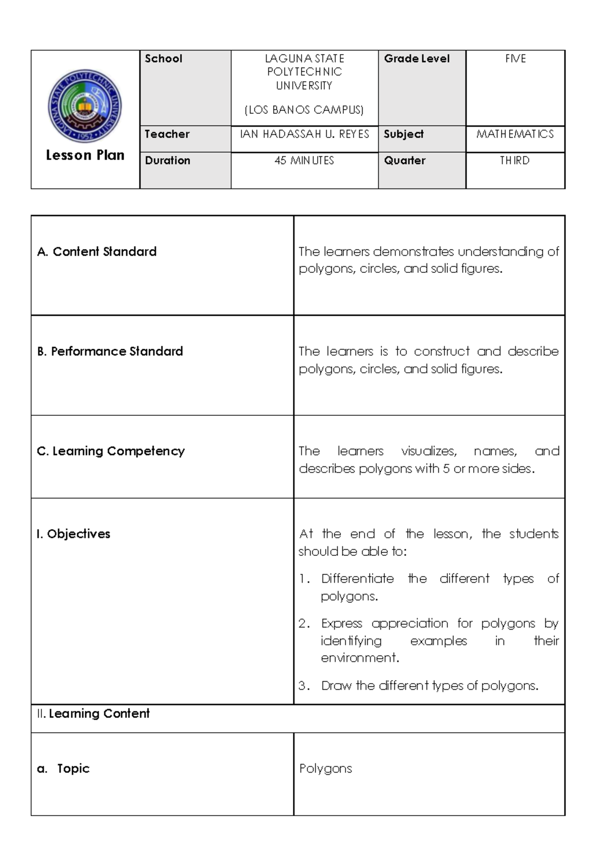 LP IN MATH (Polygons) - Detailed Lesson Plan for Grade 5 - Studocu