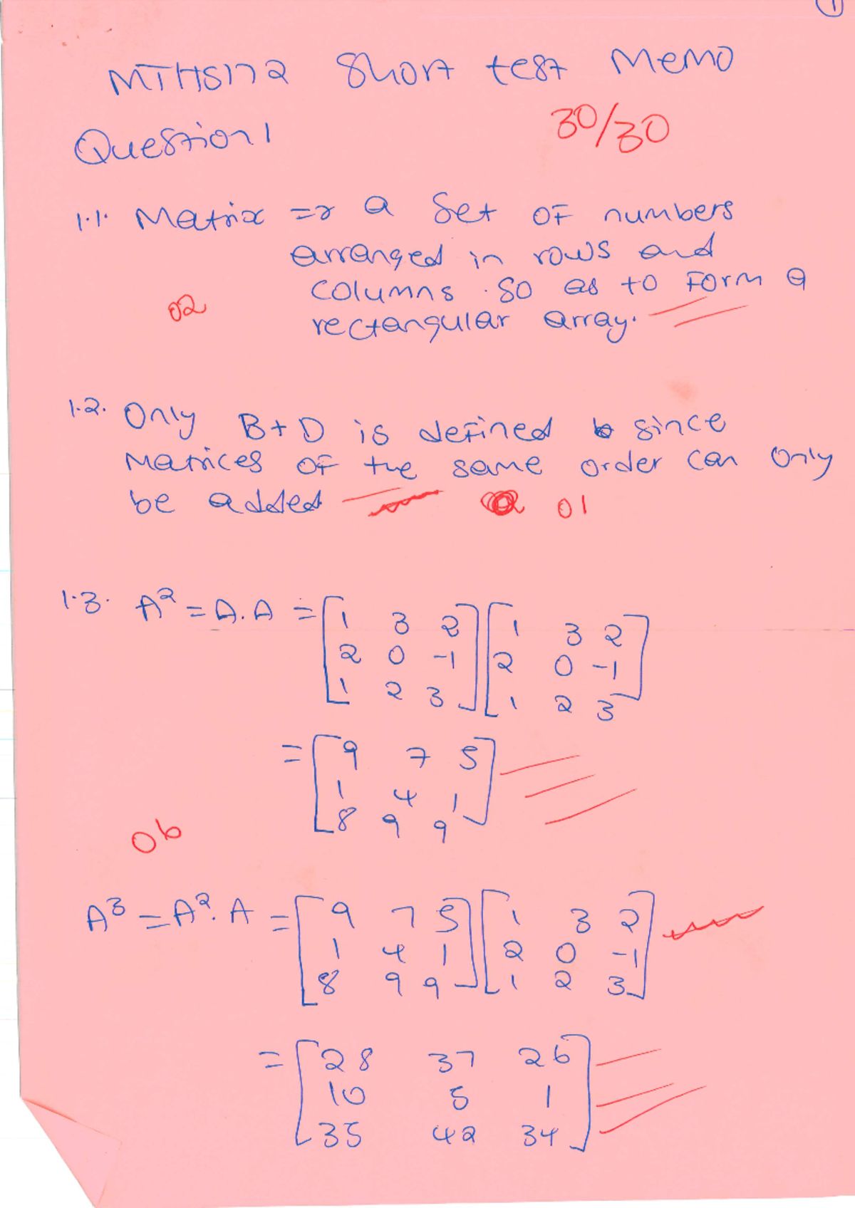 MTHS122 Short Test Memo: Matrix Concepts and Operations - Studocu