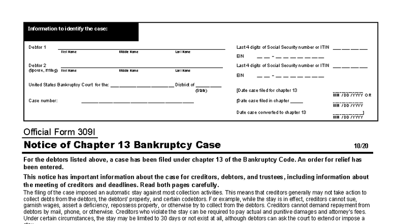 Notice of Chapter 13 Bankruptcy Case - B 309I - Studocu