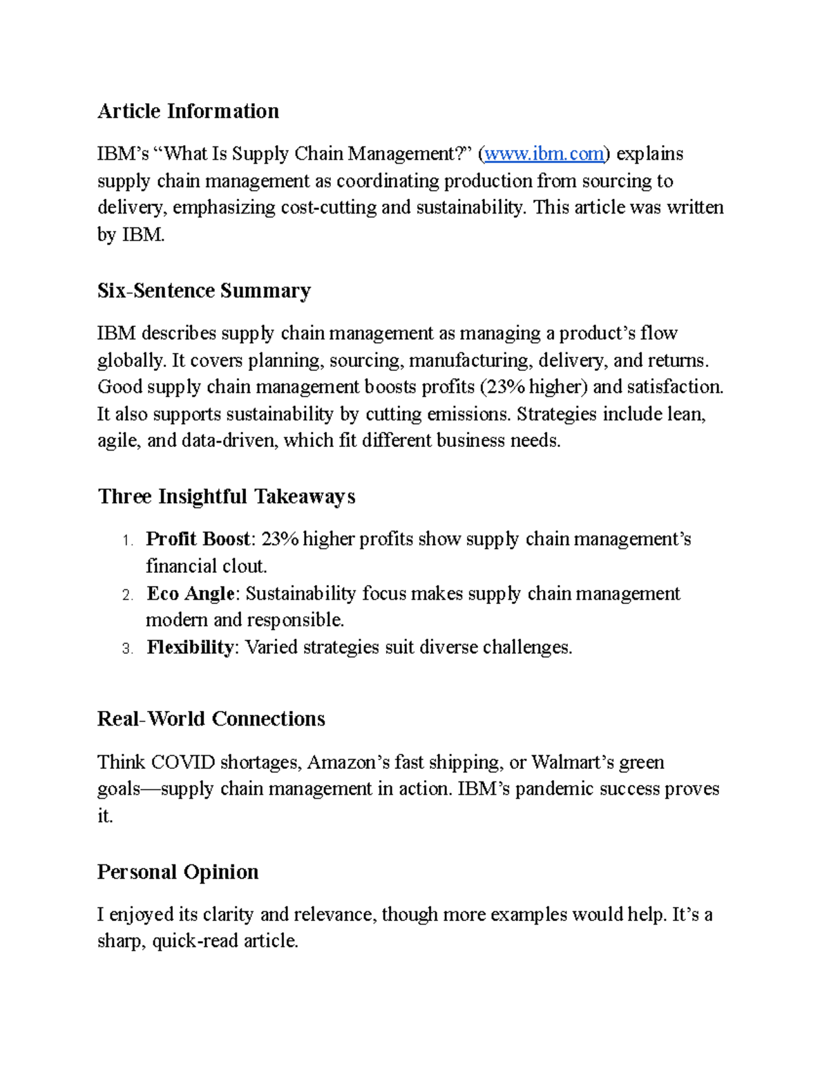 Supply chain management article review - Article Information IBM’s ...
