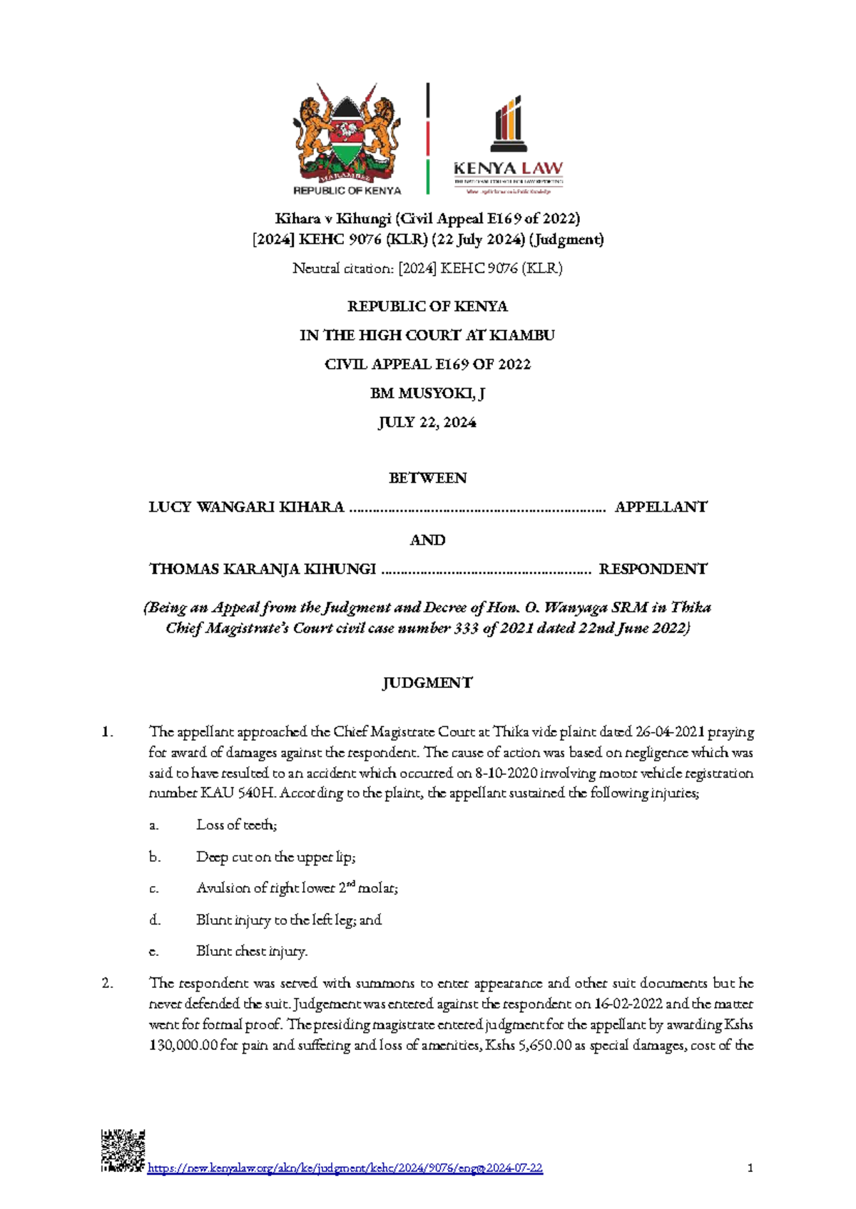 Kihara v Kihungi (Civil Appeal E169 of 2022) KEHC 9076 (KLR) Judgment ...