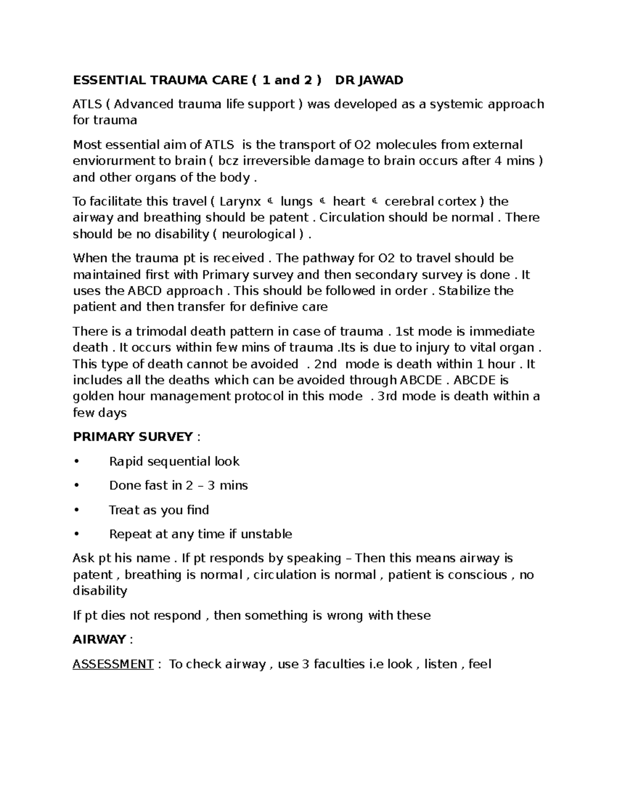 ATLS (Advanced Trauma Life Support) Essential Trauma Care Notes - Studocu