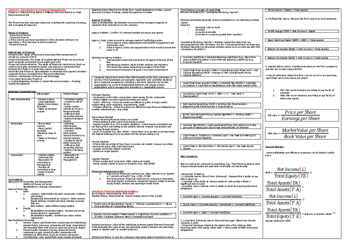 FIN2704 QUIZ1 - Summary of Key Concepts from Chapters 1-4 - Studocu