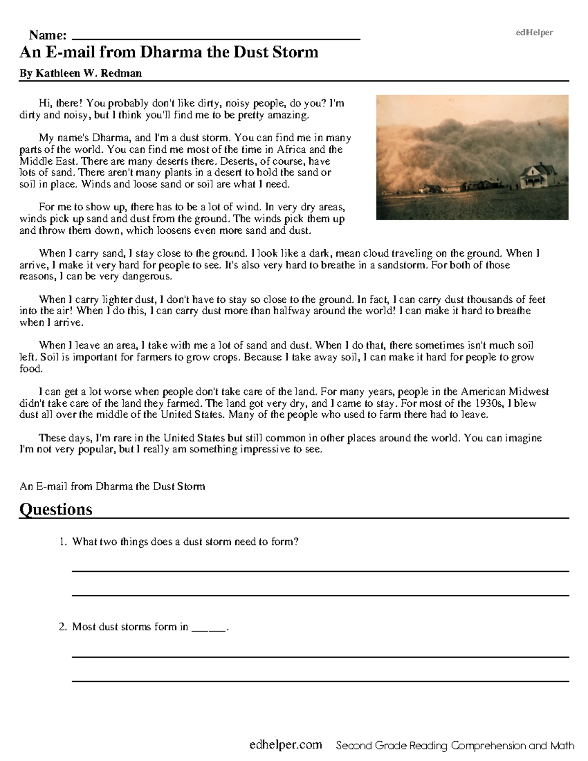 Dust Bowl Reading Comprehension