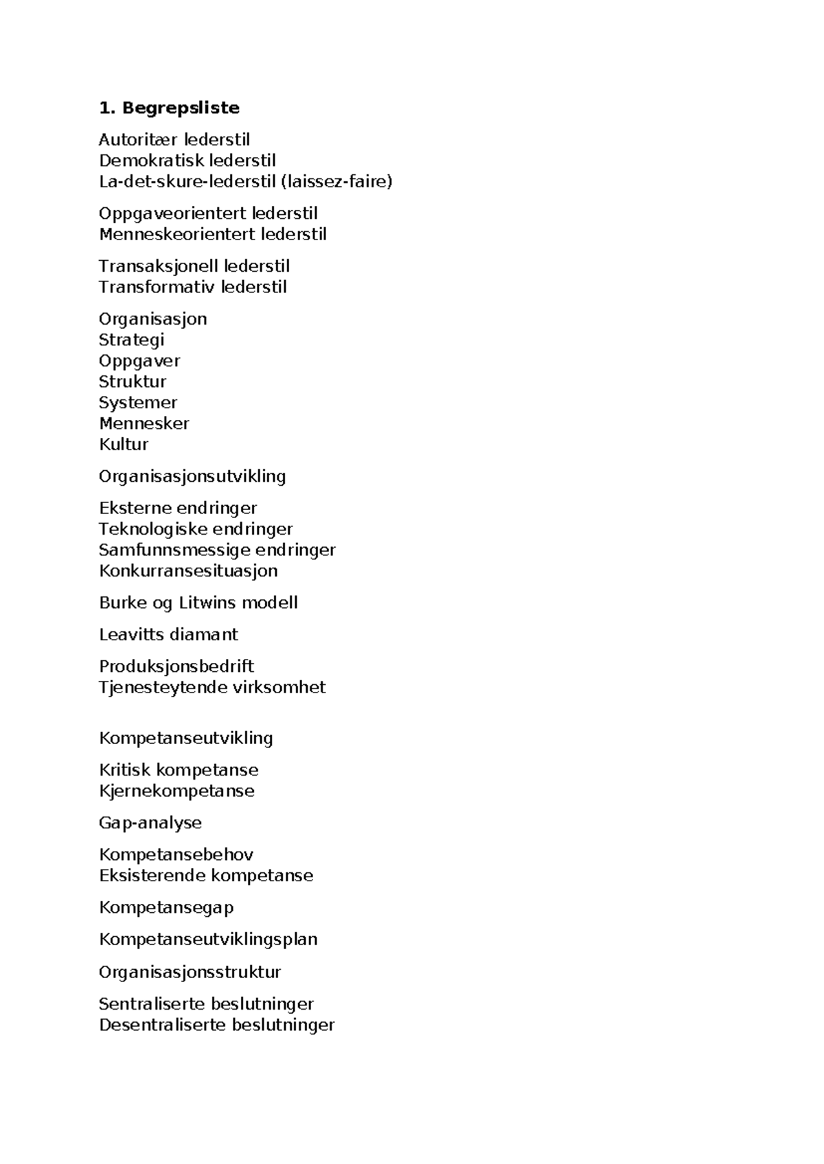 Øveark begreper til prøven - Begrepsliste Autoritær lederstil ...