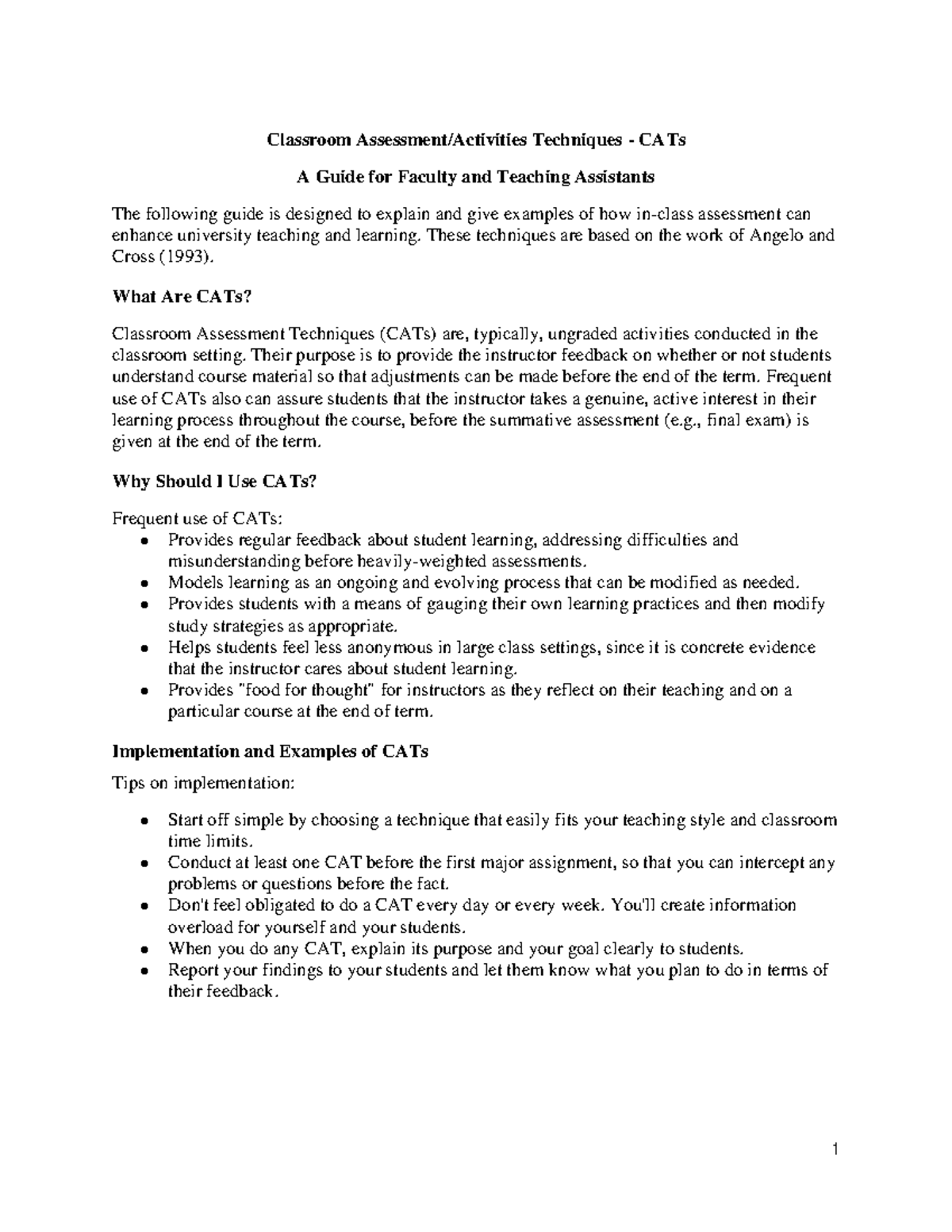 Classroom Assessment Techniques (CATs) Guide for Faculty - Studocu