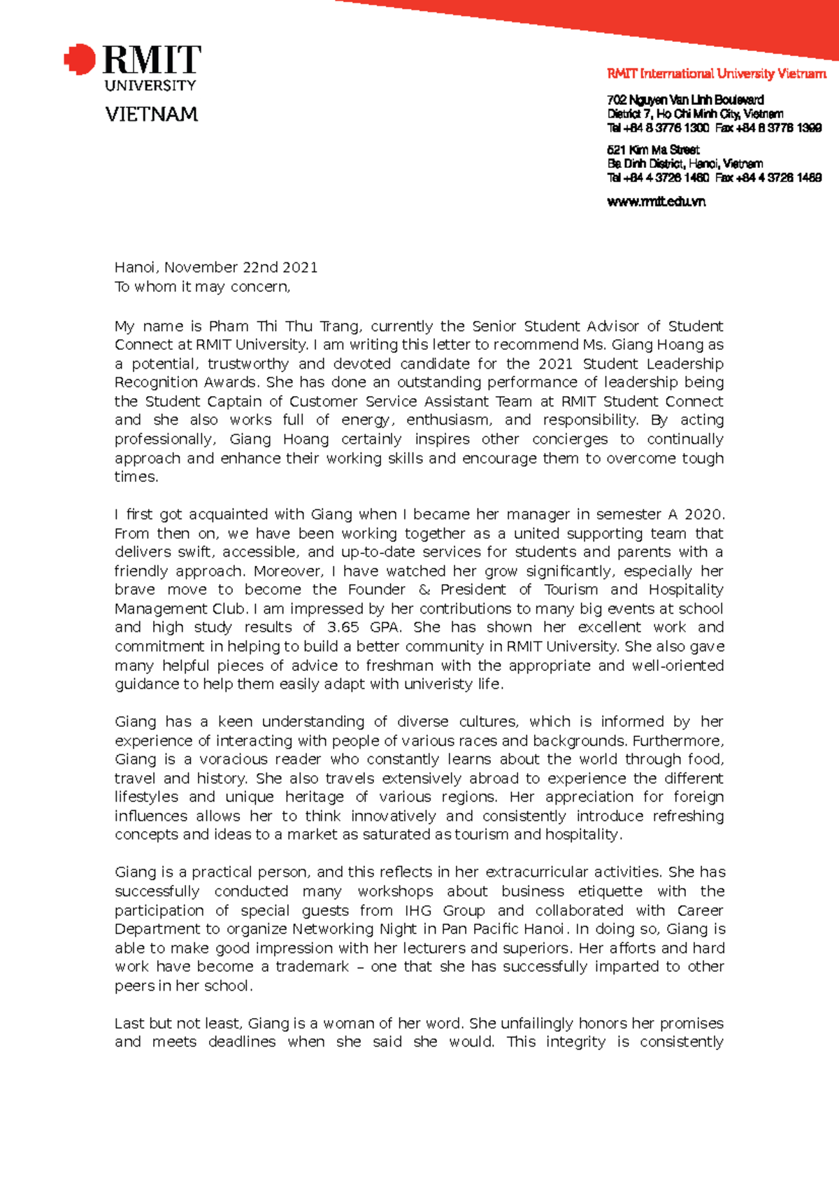 RMIT Recommendation Letter for Giang Hoang - Leadership Awards 2021 ...