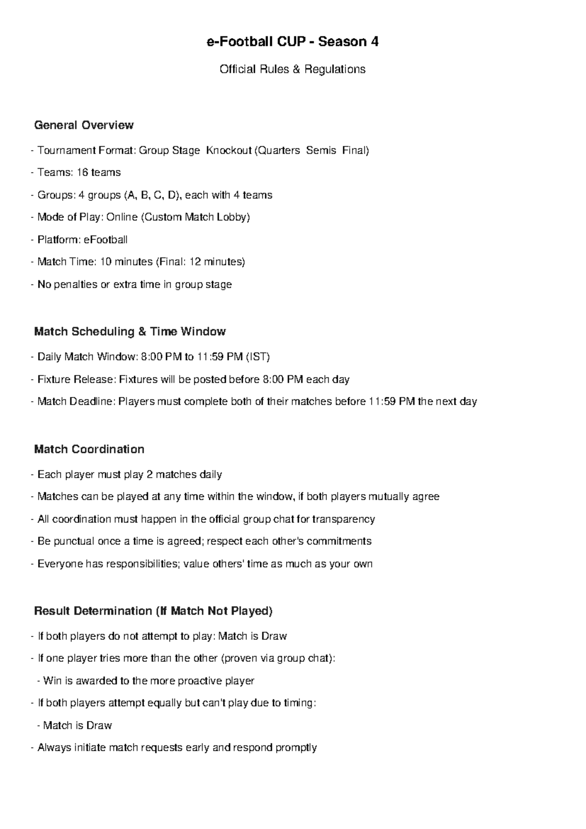 CUP Season 4 E-Football Tournament Rules & Regulations Overview - Studocu