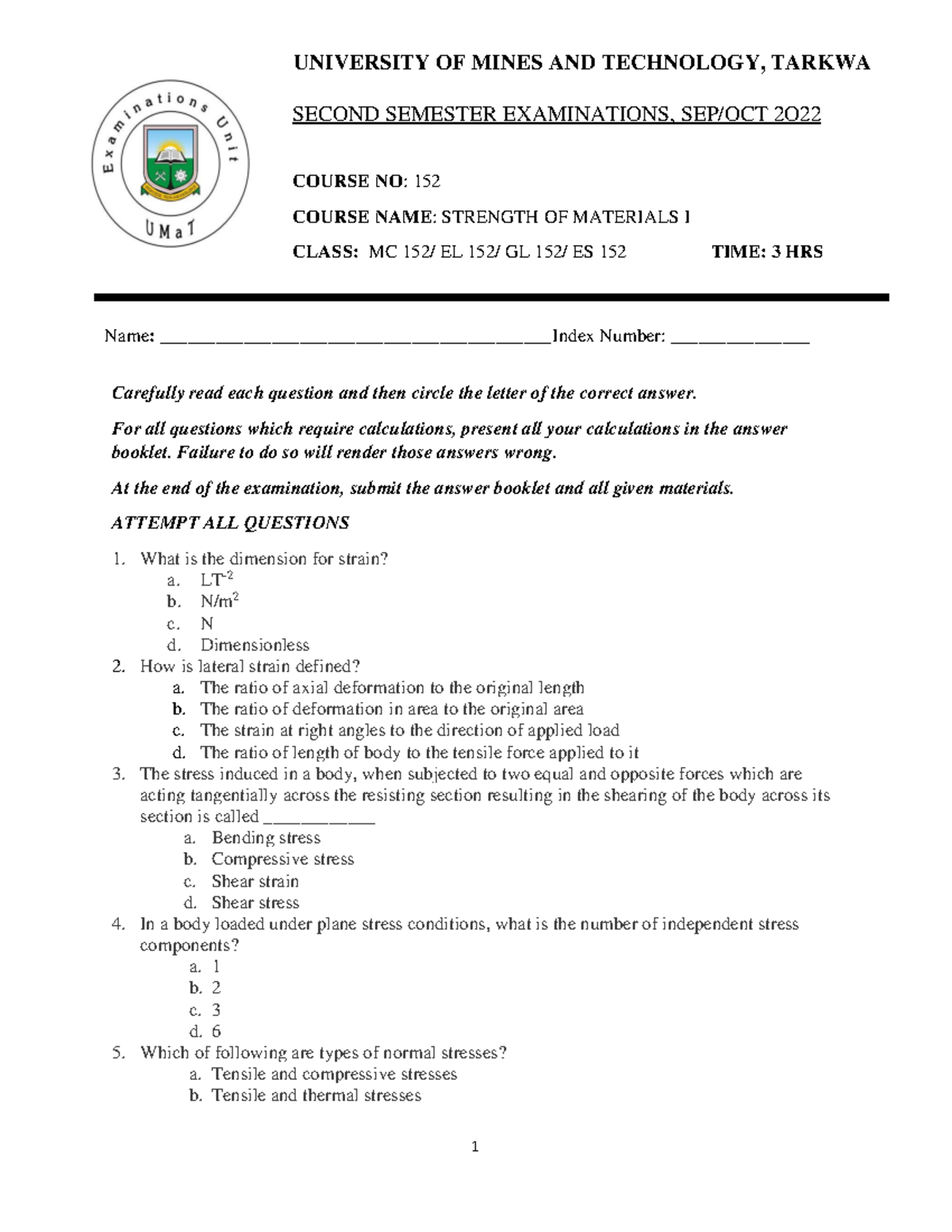 152 Strength of Materials II Final Exam Questions 2022 - Studocu
