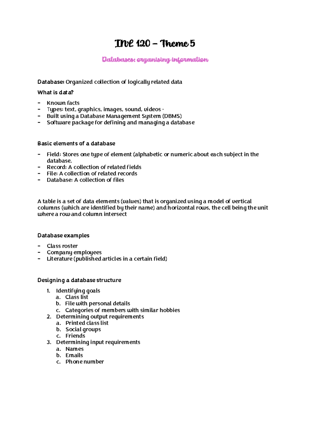 INL 120 Themes 4-7: Organizing Information & Metadata Overview - Studocu