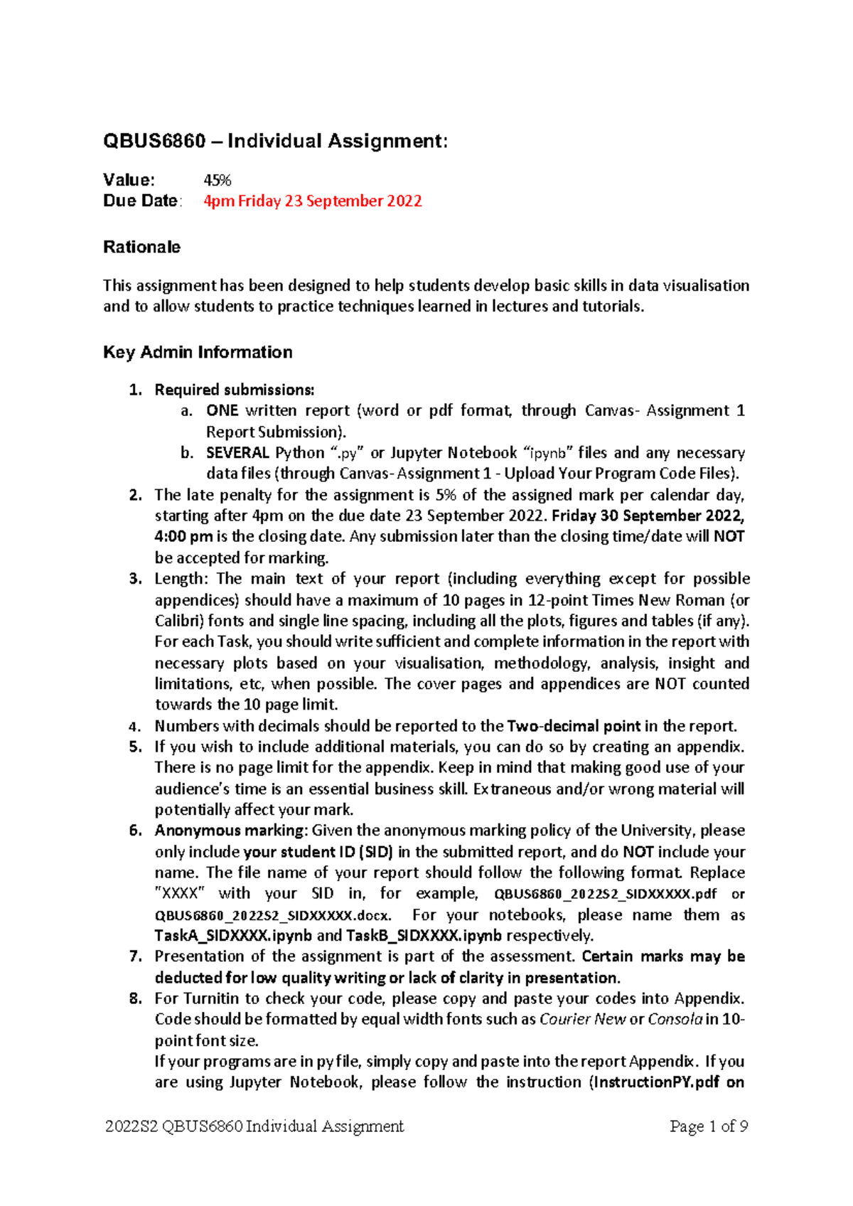 QBUS6860 Assignment 01 Guidelines for 2022 Semester 2 - Studocu