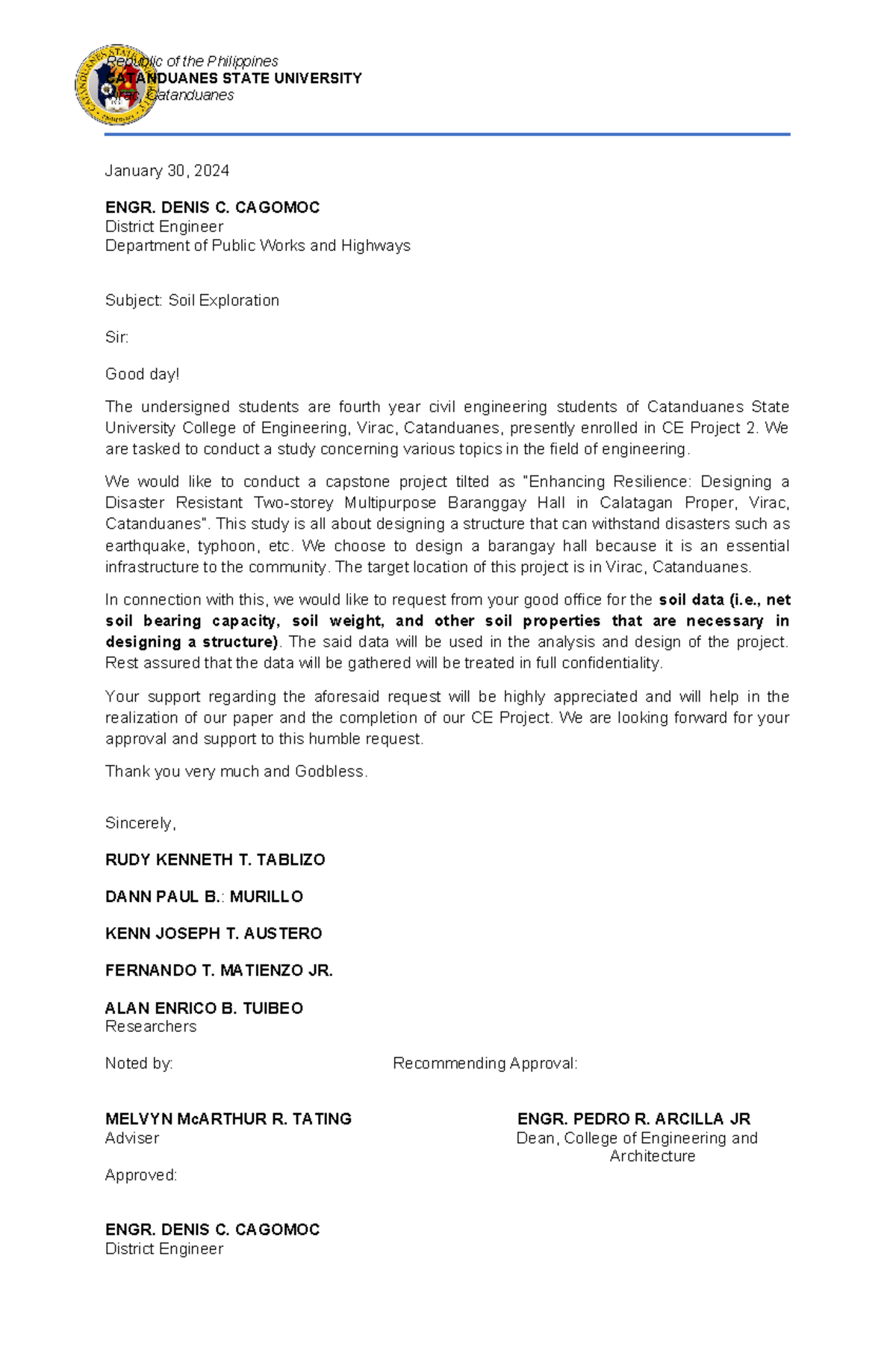 CE Project 2: Letter of Request for Soil Data and Estimates - Studocu