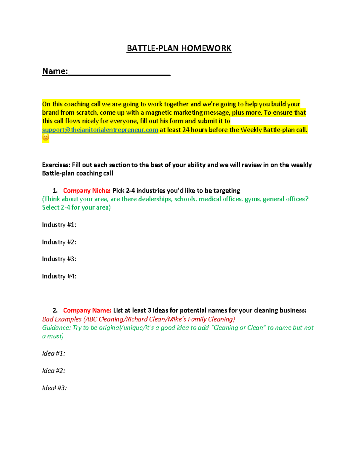 Battle-Plan Homework Sheet - Brand Building Exercises for Entrepreneurs ...