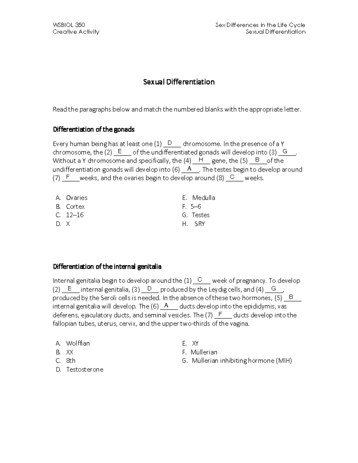 WS BIO 350 CA#13 - notes - WSBIOL 350 Sex Differences in the Life Cycle C Sexual - Studocu