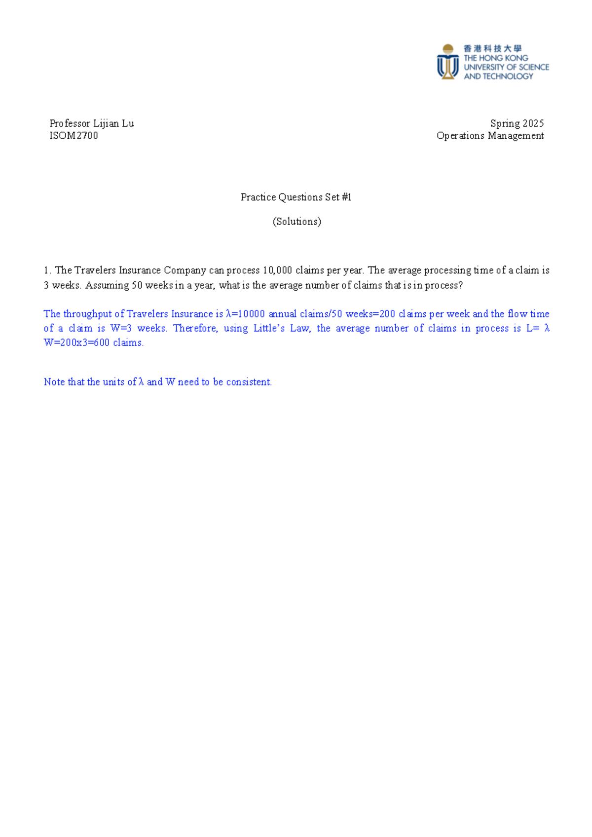 ISOM2700 Practice Set 1 Solutions for Spring 2025 Operations Management ...
