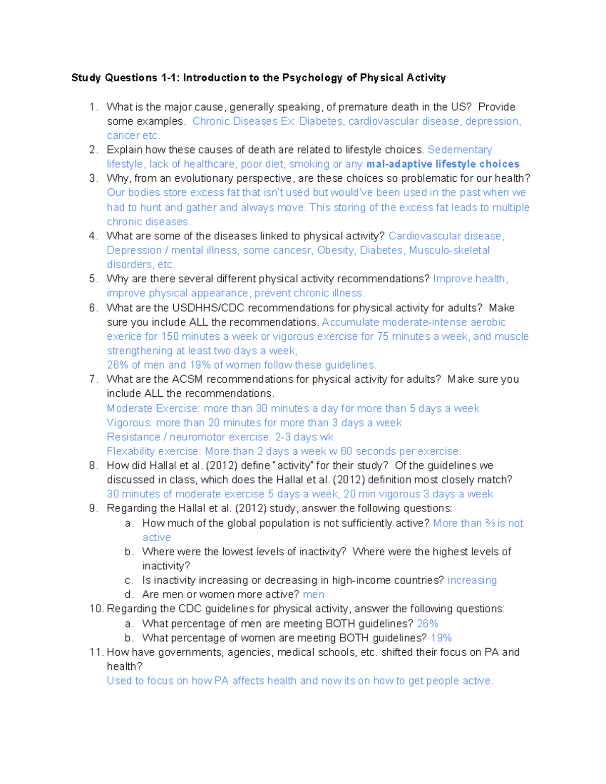 Study Questions on Psychology of Physical Activity (Course Code: TBD ...