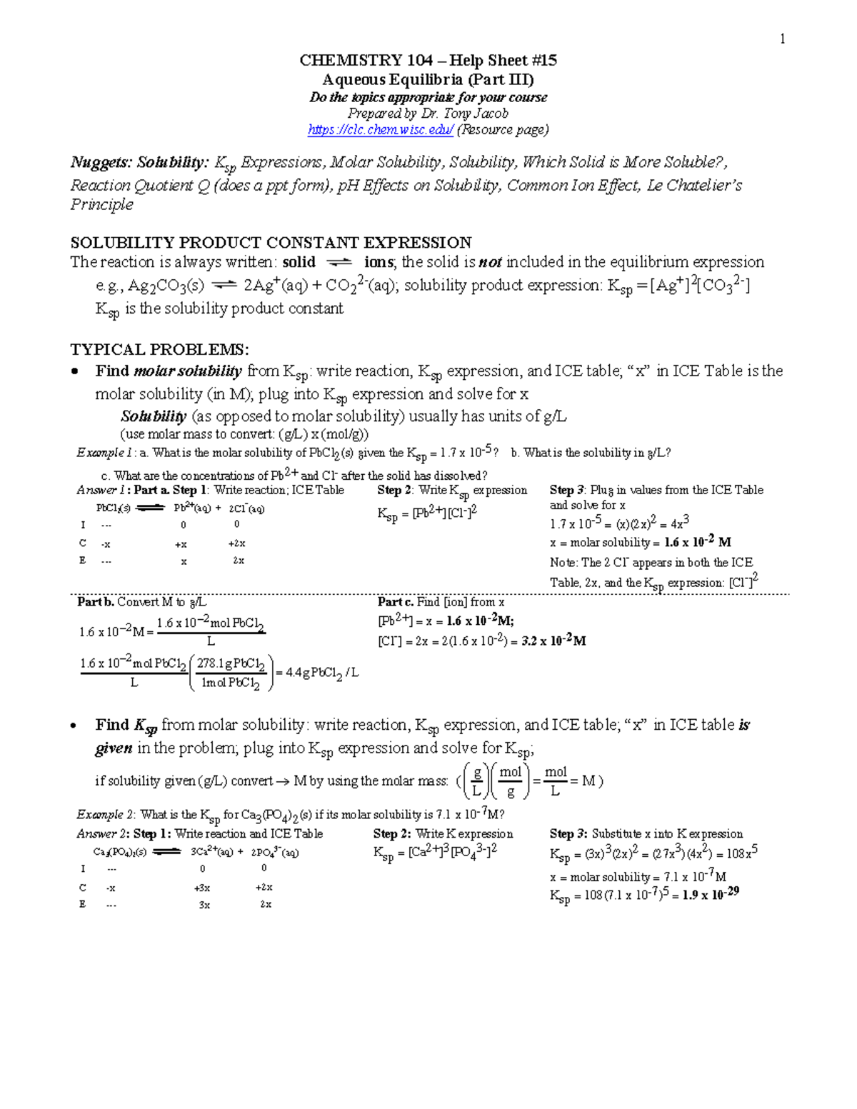 Helpsheet 15 104 - EXAM 3- Aqueous Equilibria 3 - CHEMISTRY 104 – Help ...