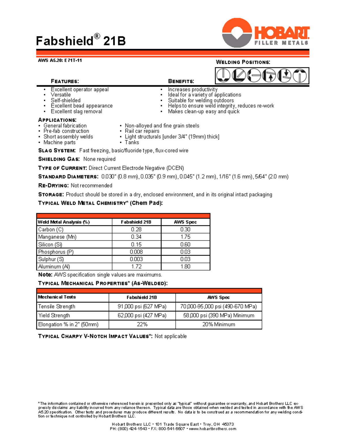Hobart Fabshield 21B AWS A5.20: Welding Positions & Benefits Guide ...