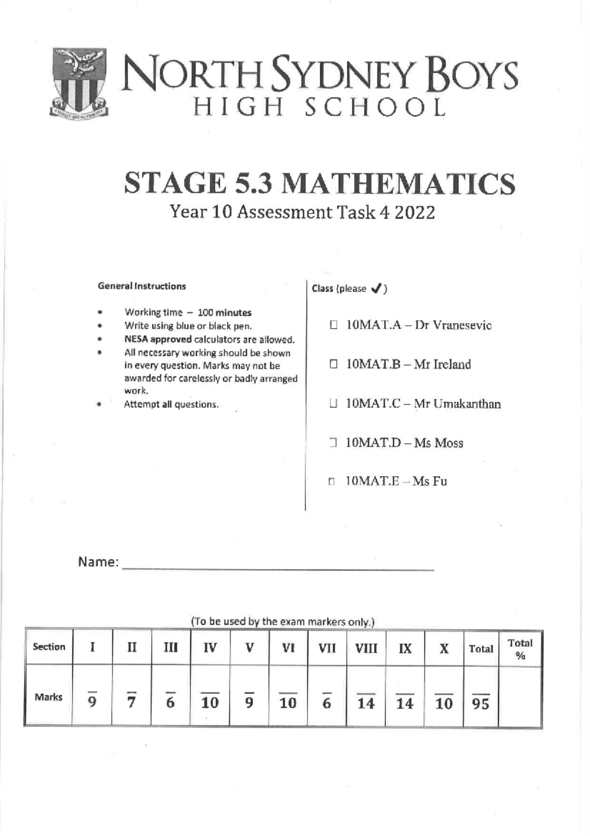 North Sydney Boys 10MAT.A/B Stage 5.3 Maths Assessment Task 4 2022 ...