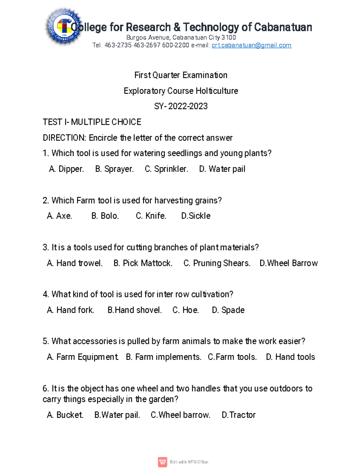 Exploratory Course Horticulture - First Quarter Exam Review - Studocu