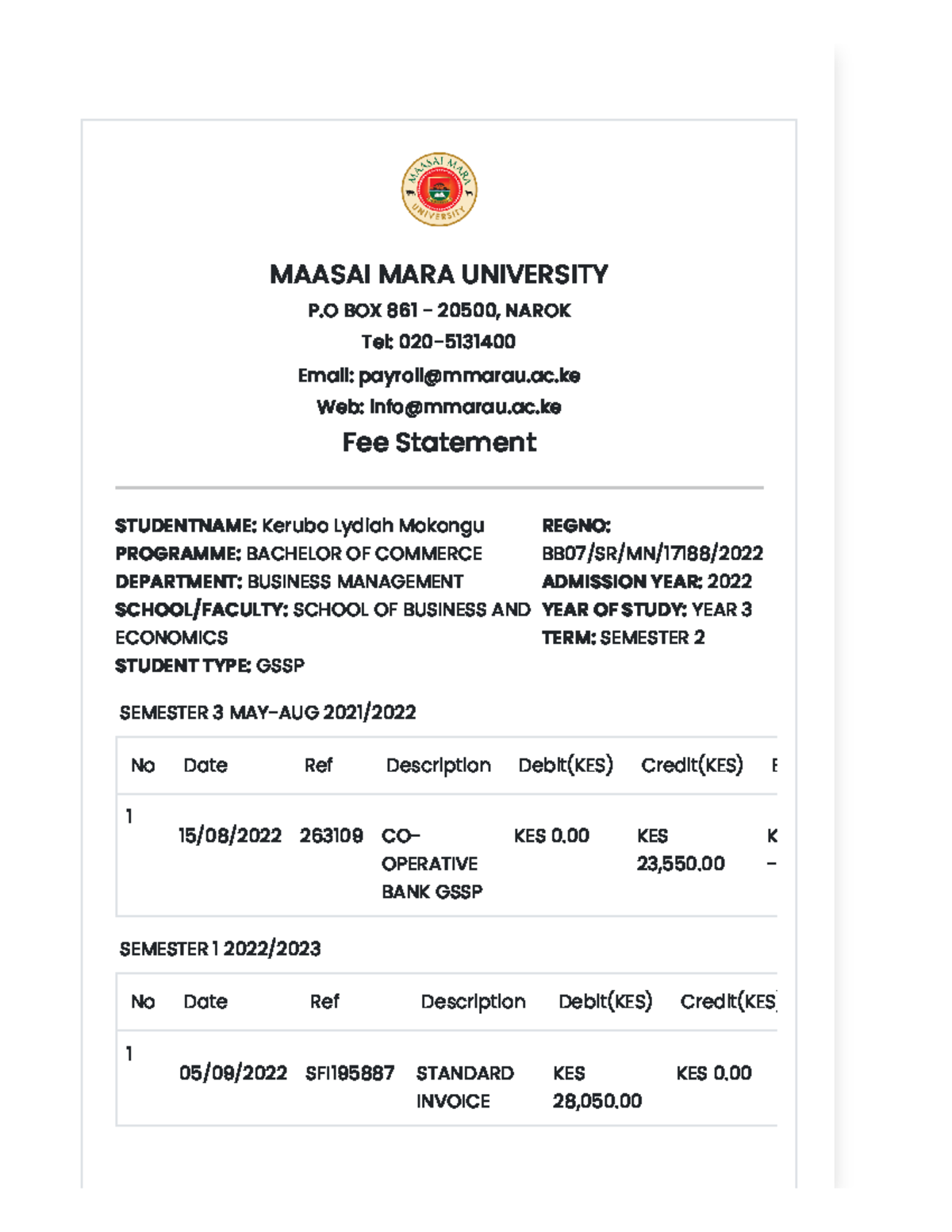 Fee Statement for BCOM GSSP Student: Kerubo Lydiah Mokongu - Studocu