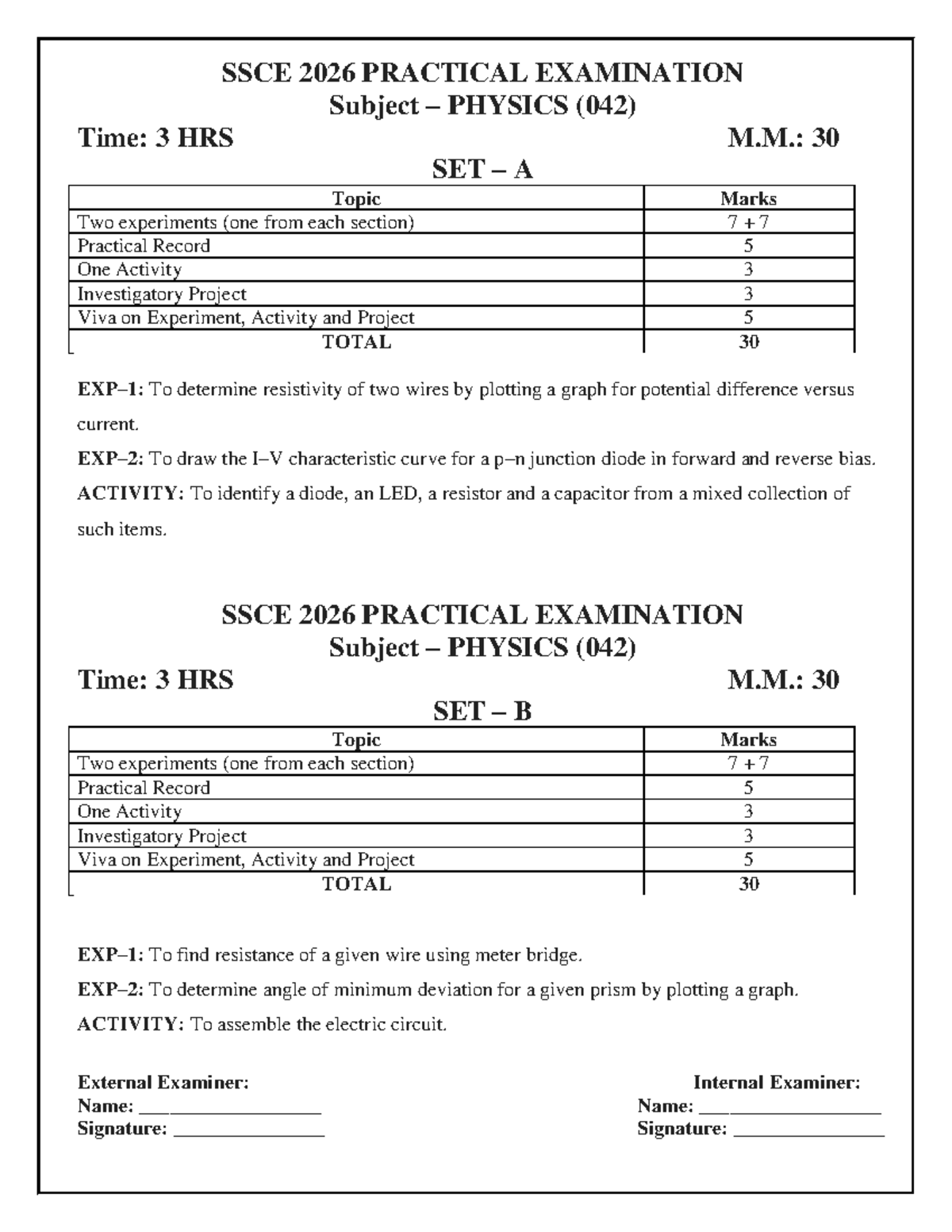 SSCE 2026 Physics Practical Exam (042) - Set A & B Details - Studocu