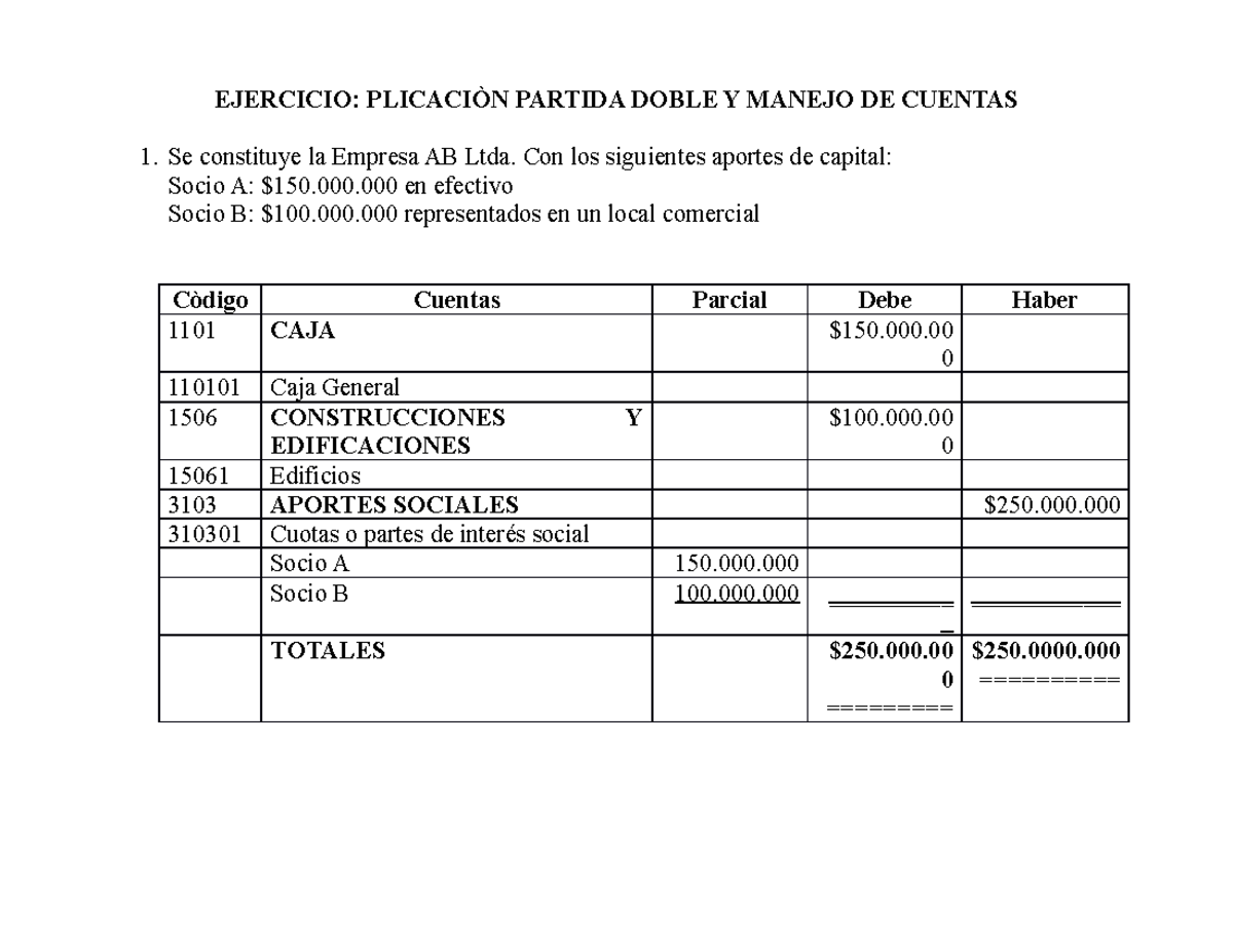 Ejercicios DE Aplicación Partida Doble Y Manejo DE Cuentas (Resueltos