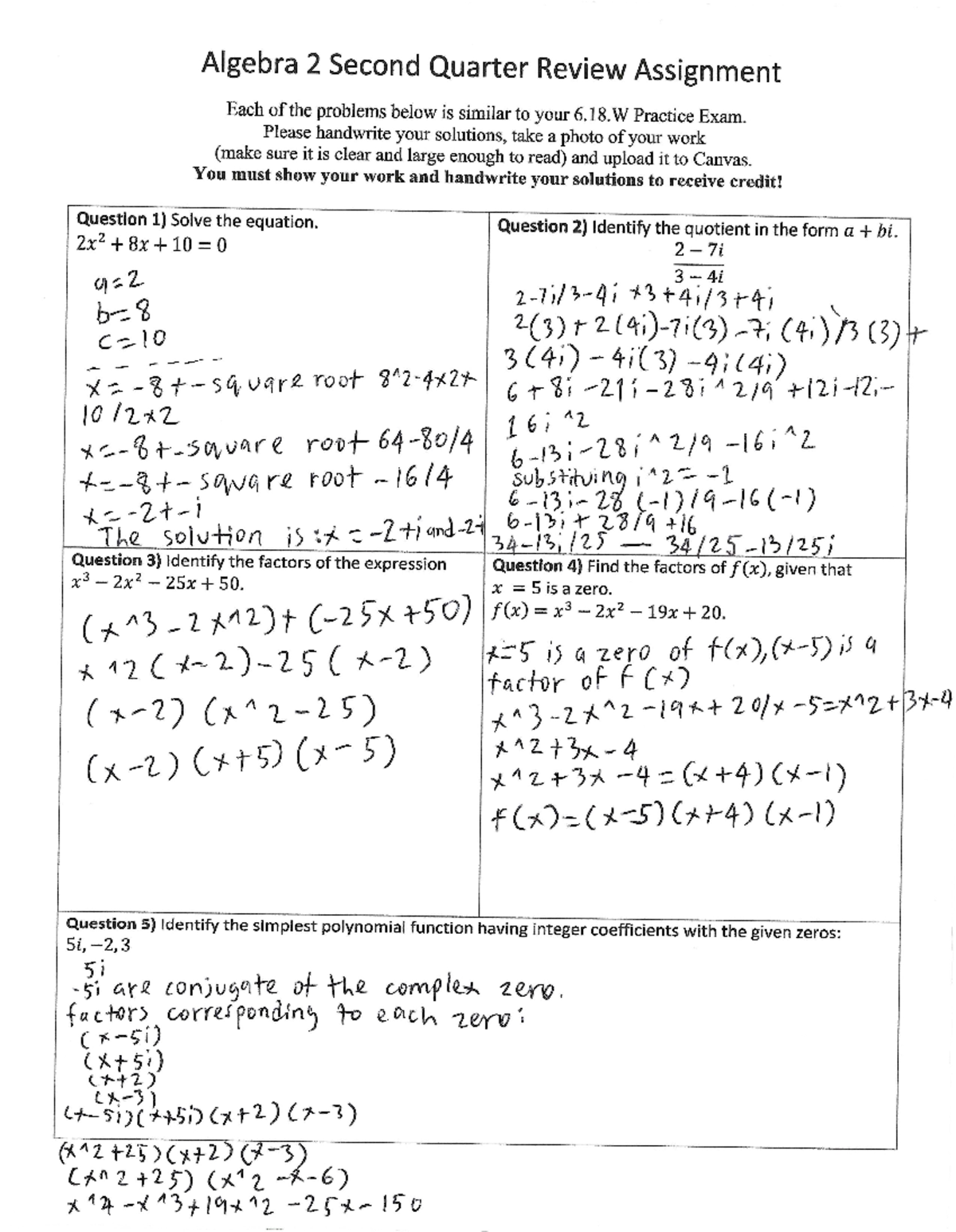 Algebra 2: 2nd Quarter Practice Exam Review Assignment - Studocu