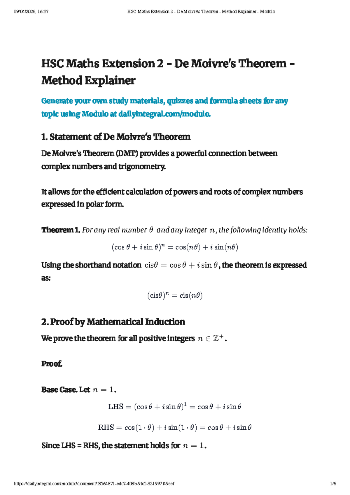 HSC Maths Extension 2 - De Moivre's Theorem Method Explainer - Studocu