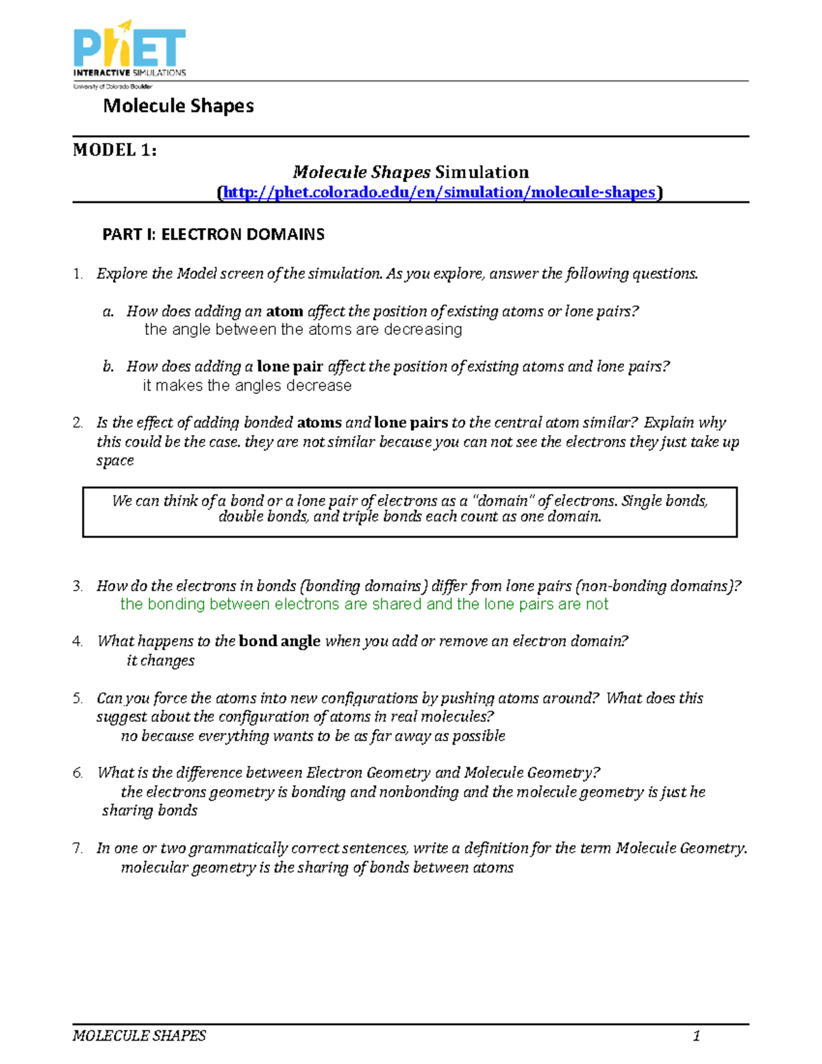 Ph ET Molecule Shapes Student Handout: Geometry & Bonding Concepts ...