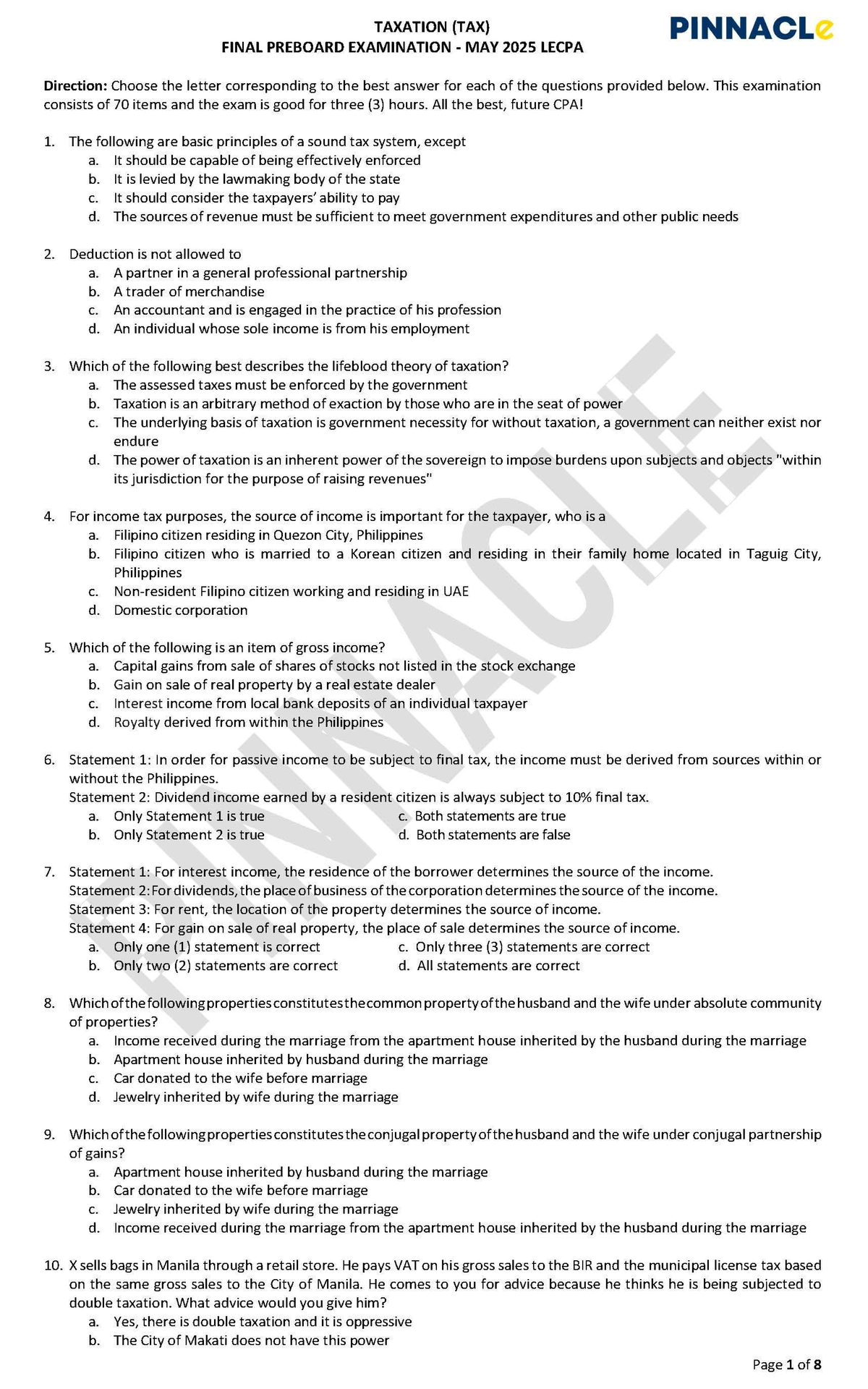 TAXATION (TAX) PINNACL FINAL PREBOARD EXAM MAY 2025 - Studocu