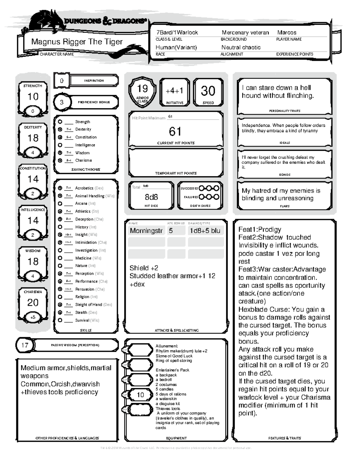 5E Character Sheet Fillable - ####### RACE ####### CLASS & LEVEL PLAYER ...