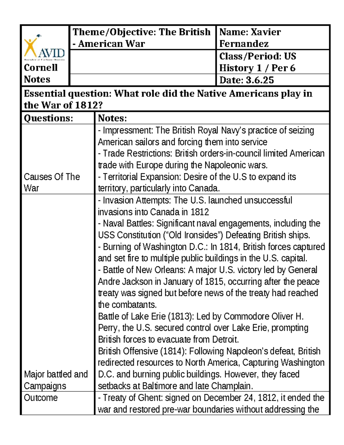 Cornell History 1 Per 6: Battle of 1812 Notes and Key Events - Studocu