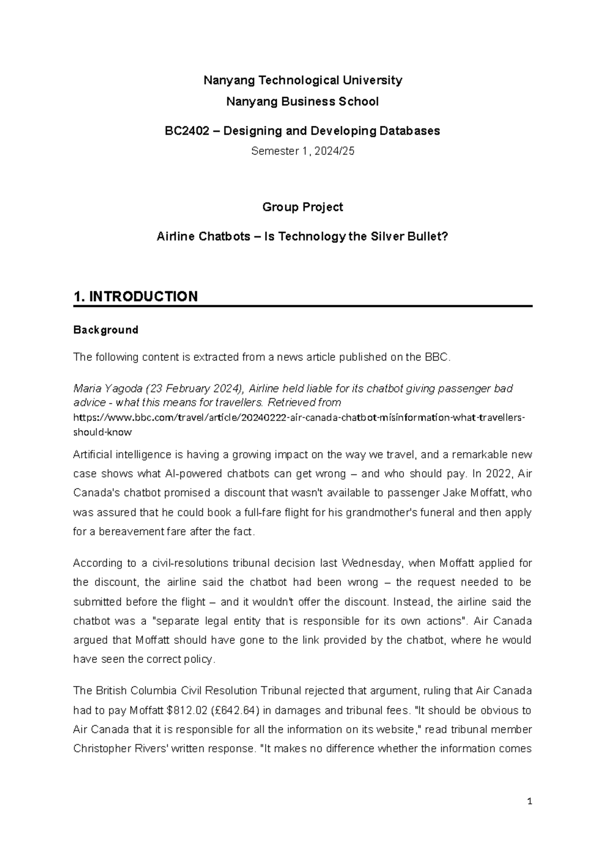 BC2402 Group Project: Airline Chatbots & Database Design Insights - Studocu