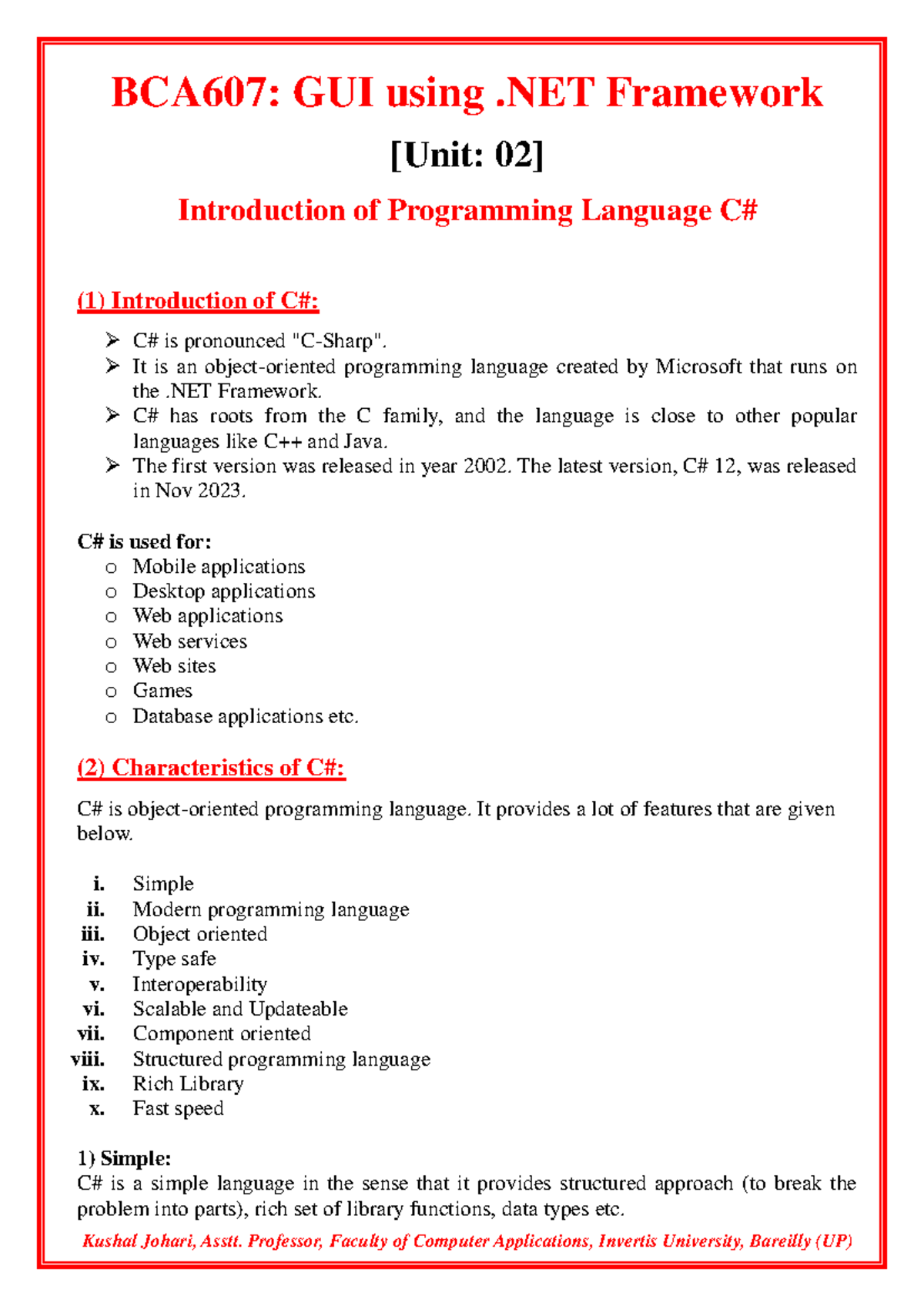 BCA607 Unit 02 - Introduction to C# Programming and Features - Studocu