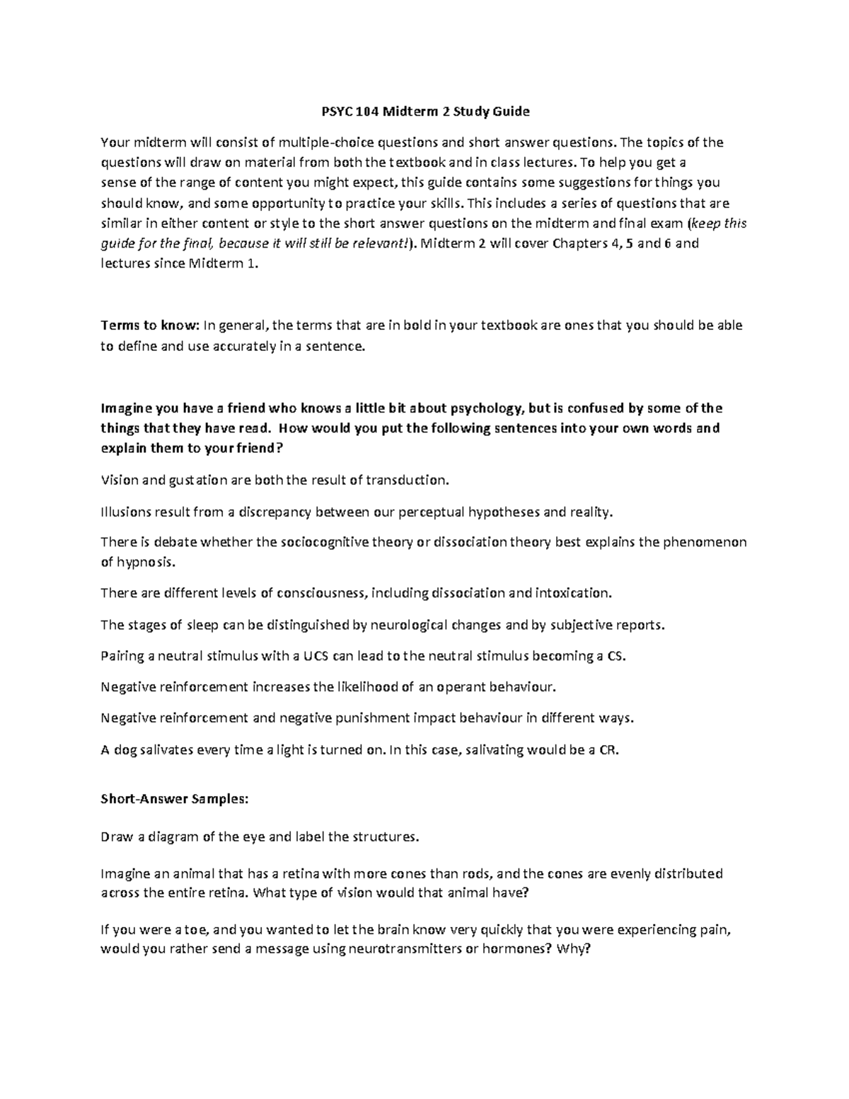 PSYC 104 Midterm 2 Study Guide: Key Concepts & Practice Questions - Studocu