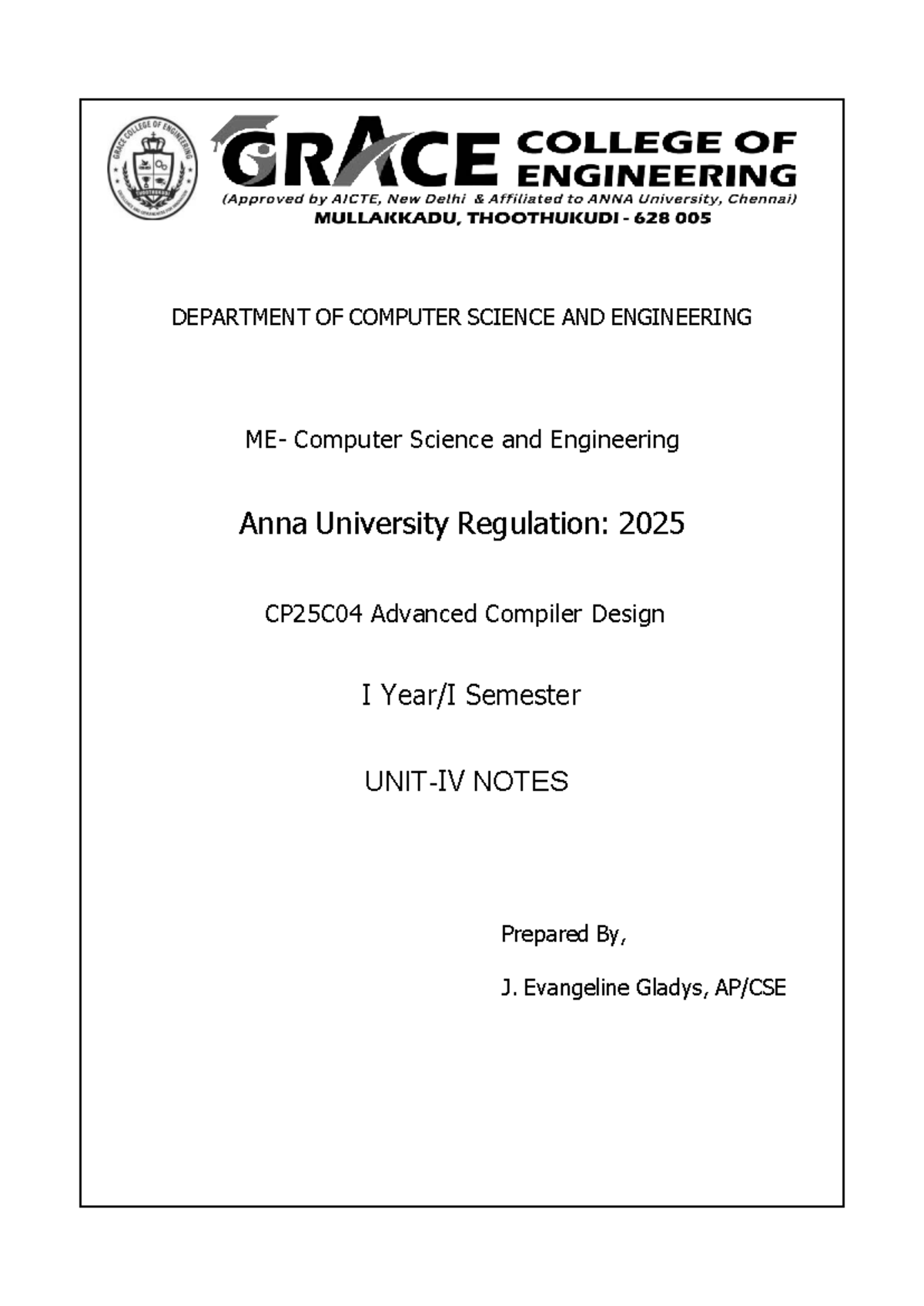 CP25C04 Advanced Compiler Design - Unit IV Study Notes - Studocu