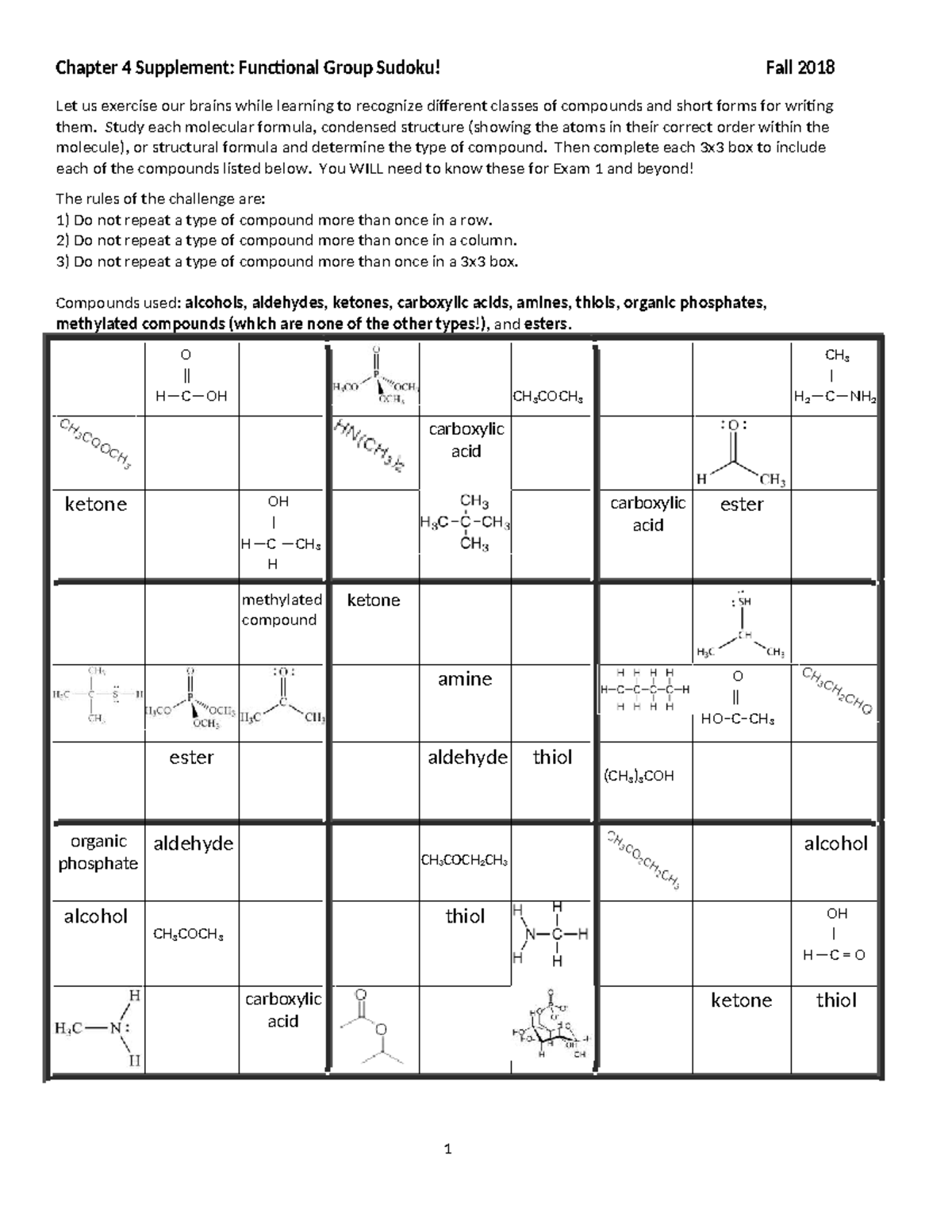 Bio I Chapter 4: Functional Group Sudoku - Fall 2018 - Studocu