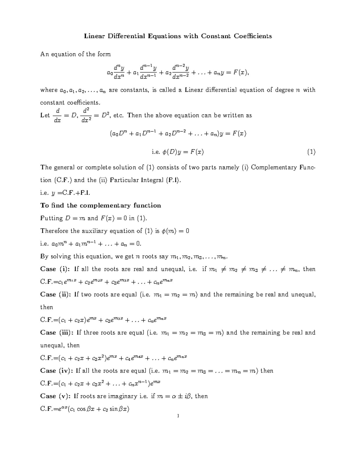 Unit III - Linear Differential Equations with Constant Coefficients ...