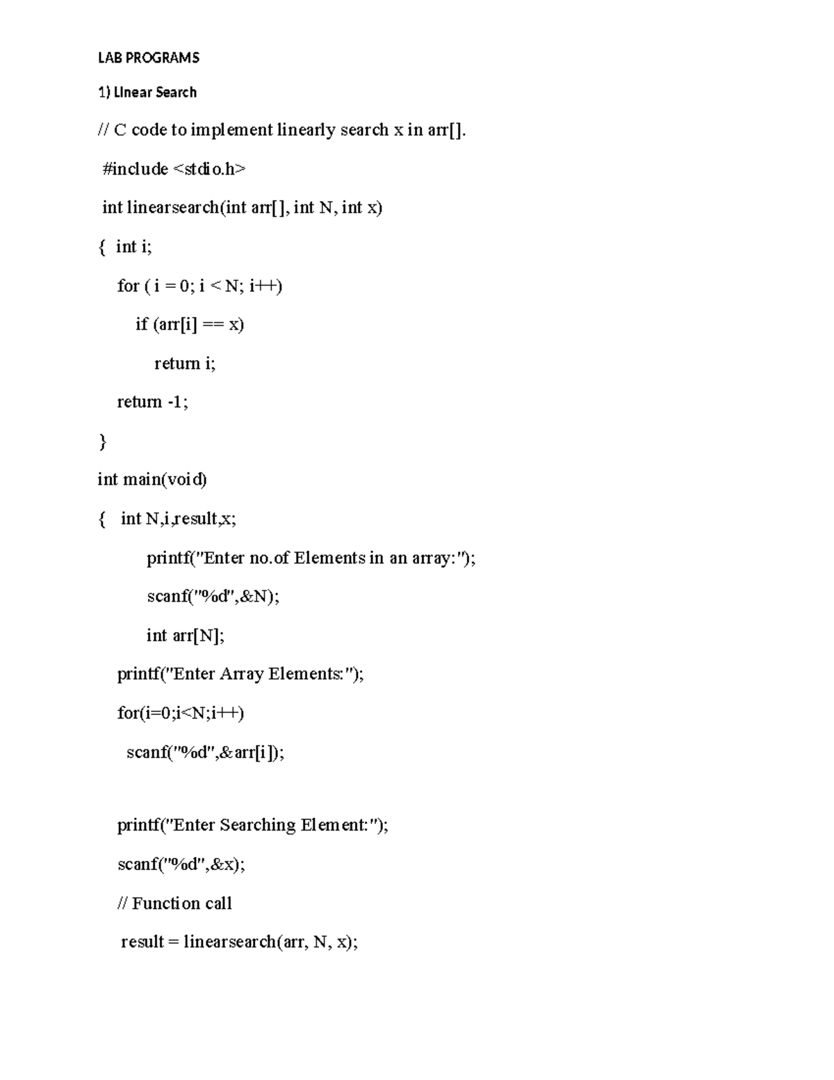 DS Lab Programs - nice - LAB PROGRAMS Linear Search // C code to ...
