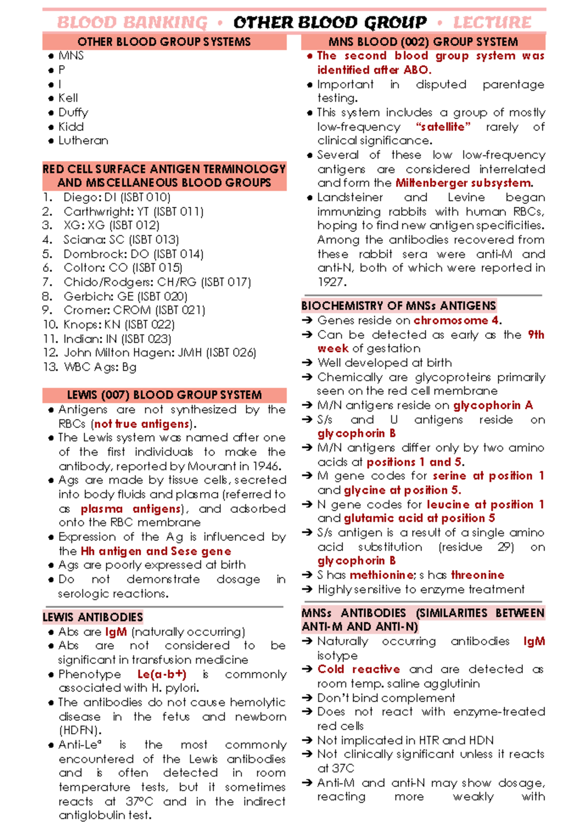 Other Blood Group Systems Lecture Notes - BLOOD BANK (Lecture) - Studocu