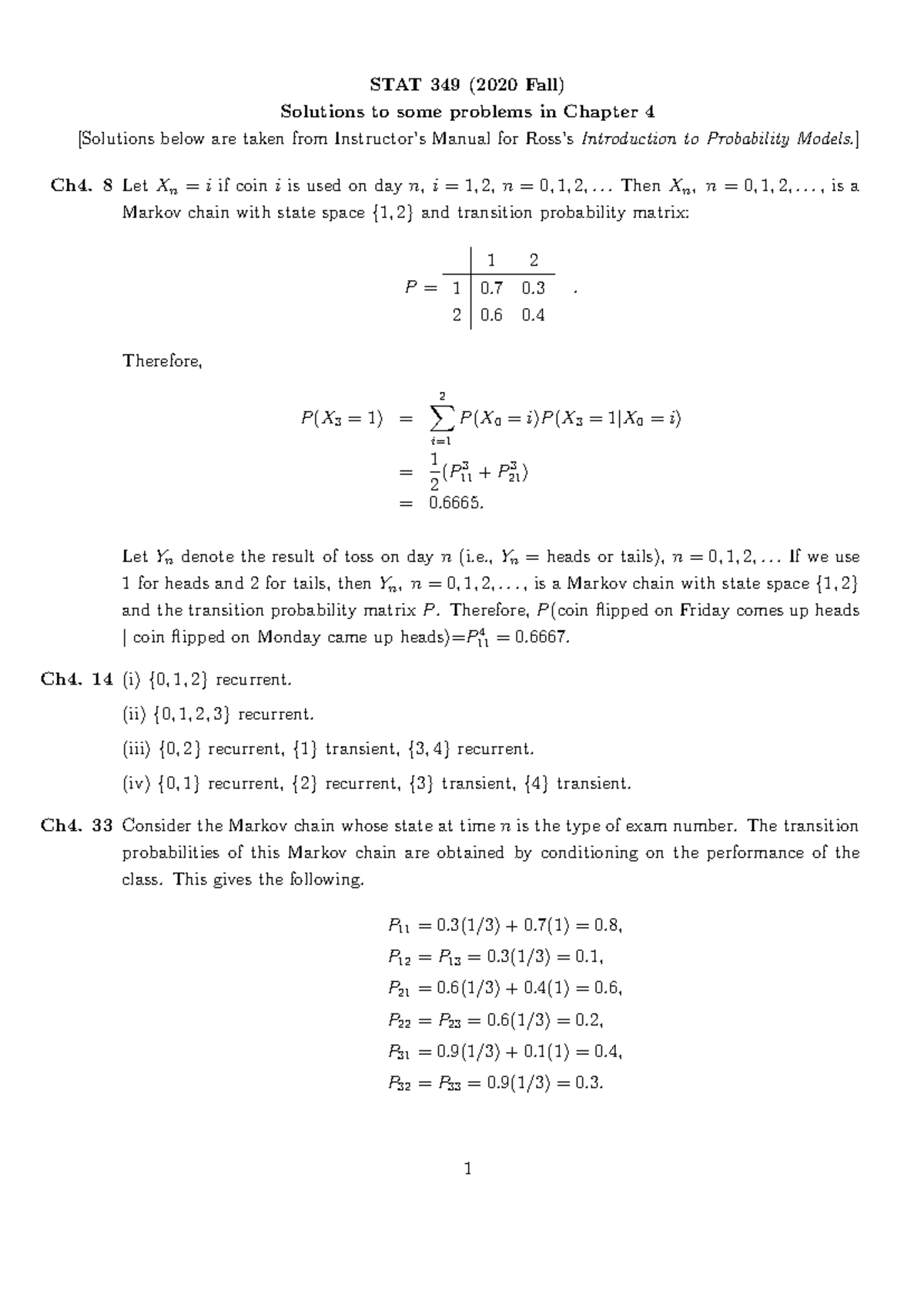 STAT349-20: Solutions for Chapter 4 Problems and Markov Chains - Studocu