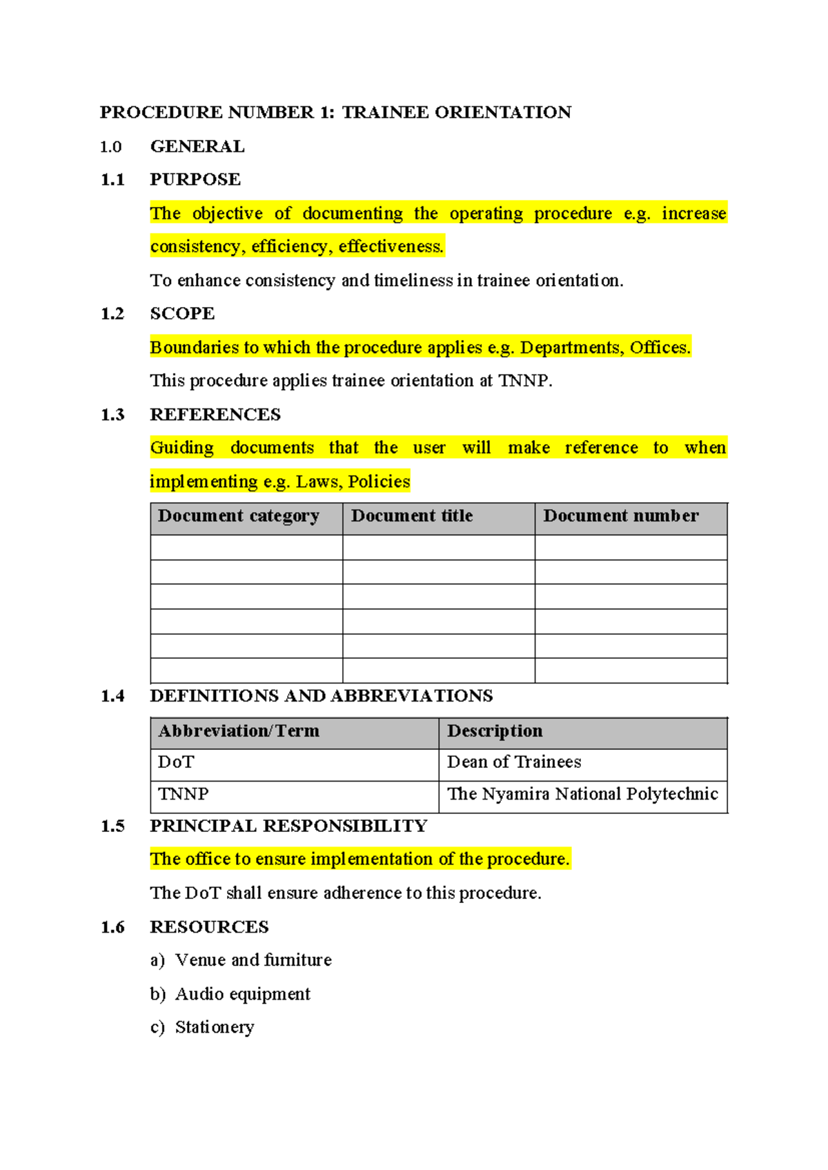 So P Template - STUDENT - PROCEDURE NUMBER 1 : TRAINEE ORIENTATION 1 ...