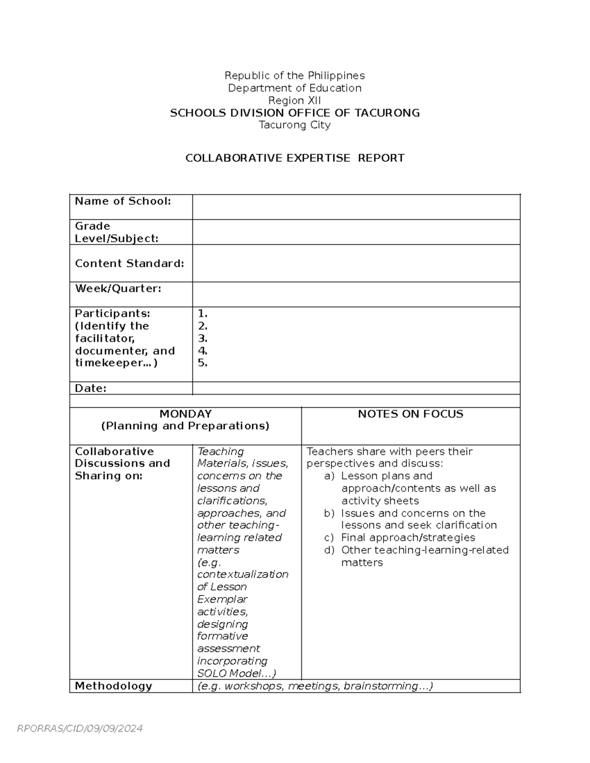 Collaborative Expertise Report Template for Grade Level Discussions ...